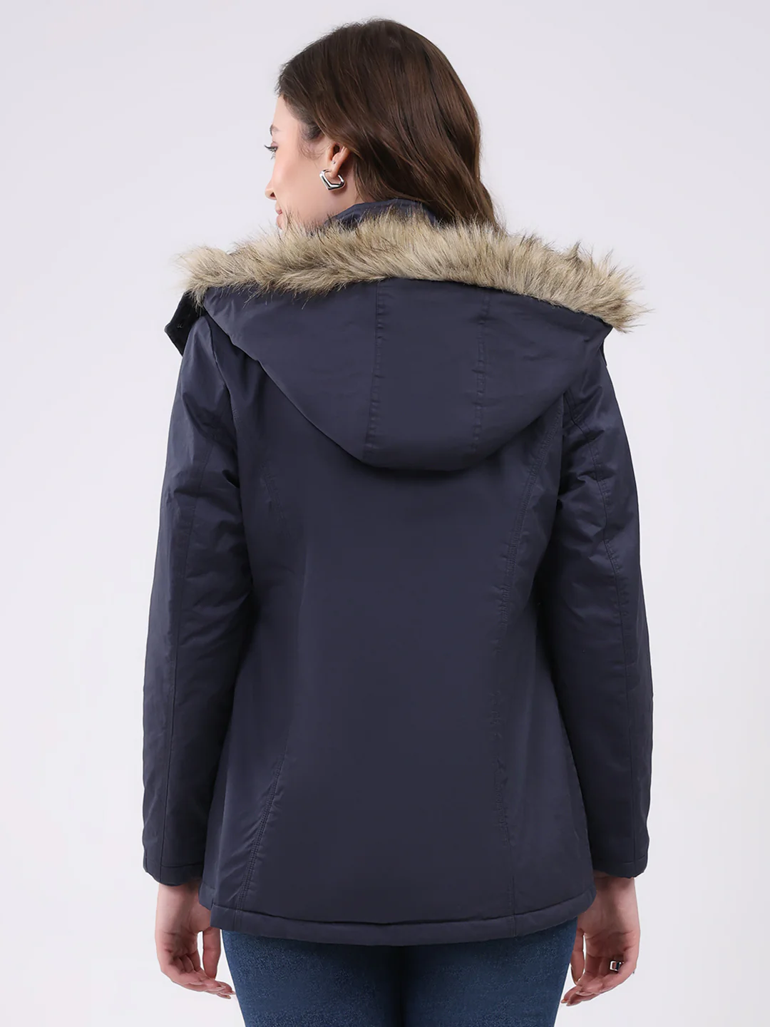 Women Navy Blue Solid Hooded Full Sleeve Jacket - Image 5