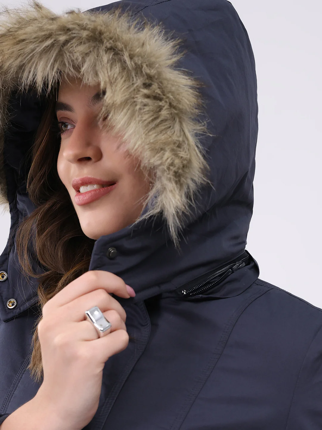 Women Navy Blue Solid Hooded Full Sleeve Jacket - Image 8