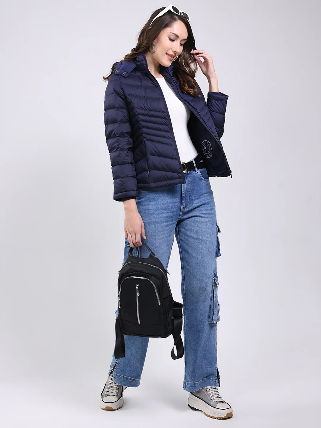 Women Navy Blue Solid Hooded Full Sleeve Jacket - Image 6