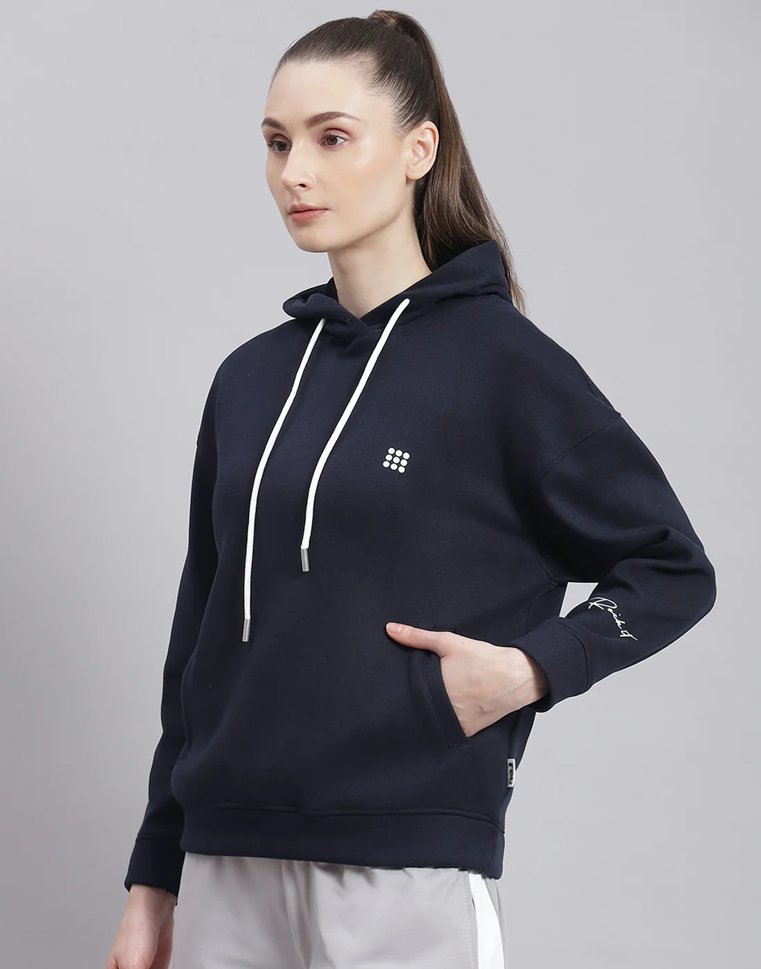 Rock.it Women Navy Blue Solid Hooded Full Sleeve Sweatshirt - Image 3
