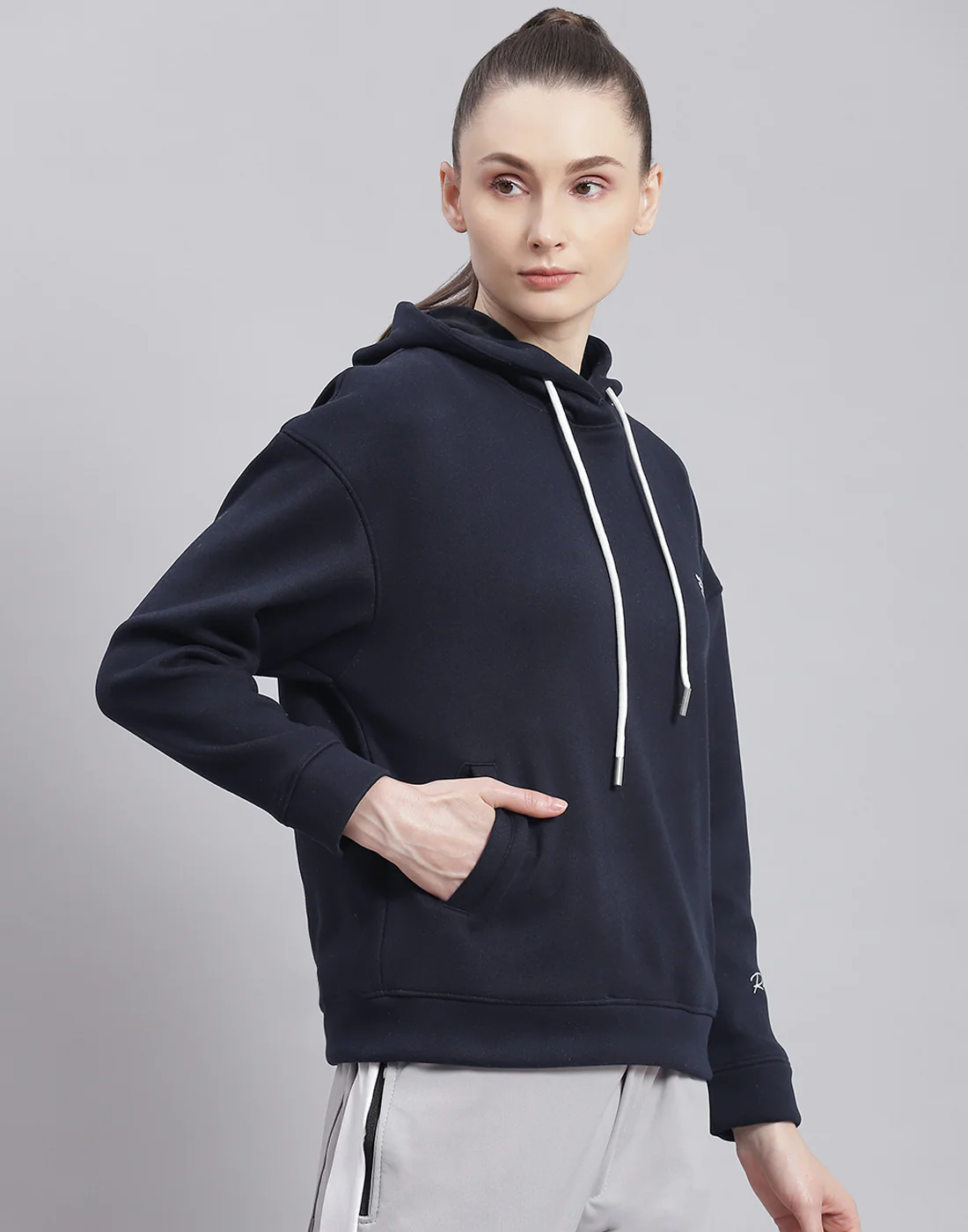 Rock.it Women Navy Blue Solid Hooded Full Sleeve Sweatshirt - Image 4