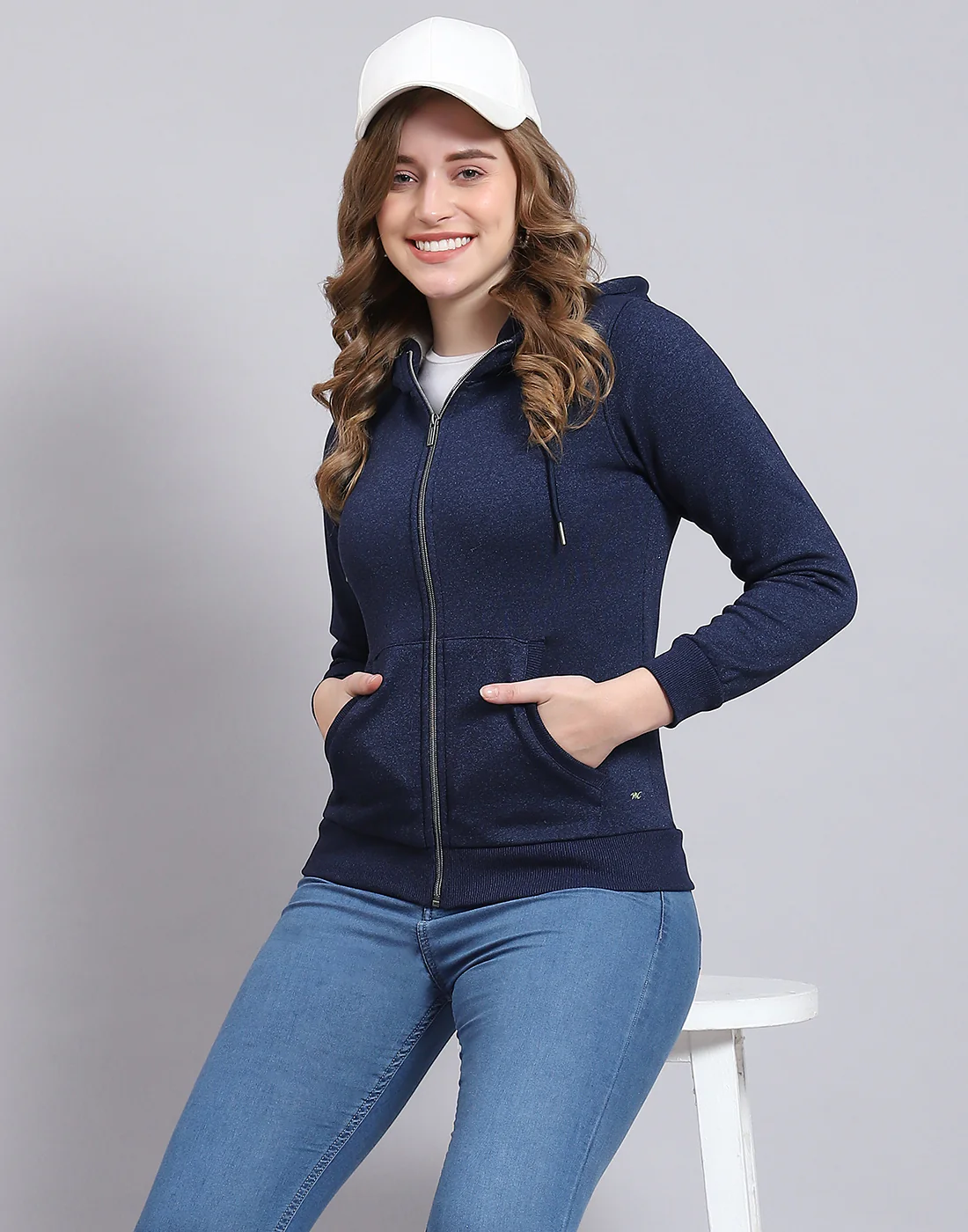 Women Navy Blue Solid Hooded Full Sleeve Sweatshirt - Image 2