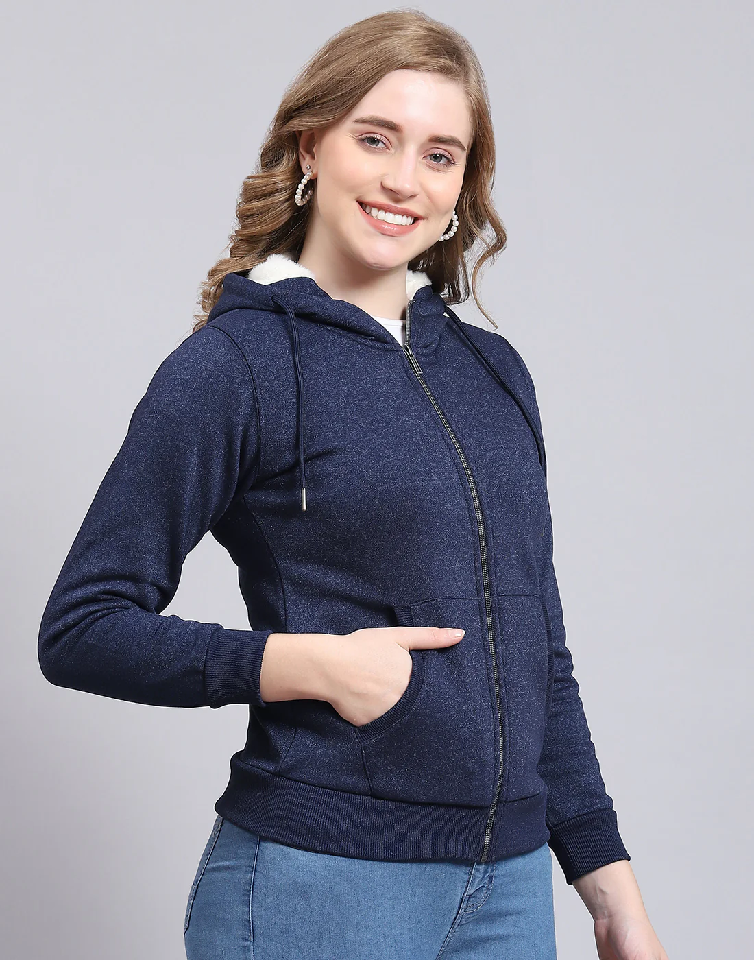 Women Navy Blue Solid Hooded Full Sleeve Sweatshirt - Image 4