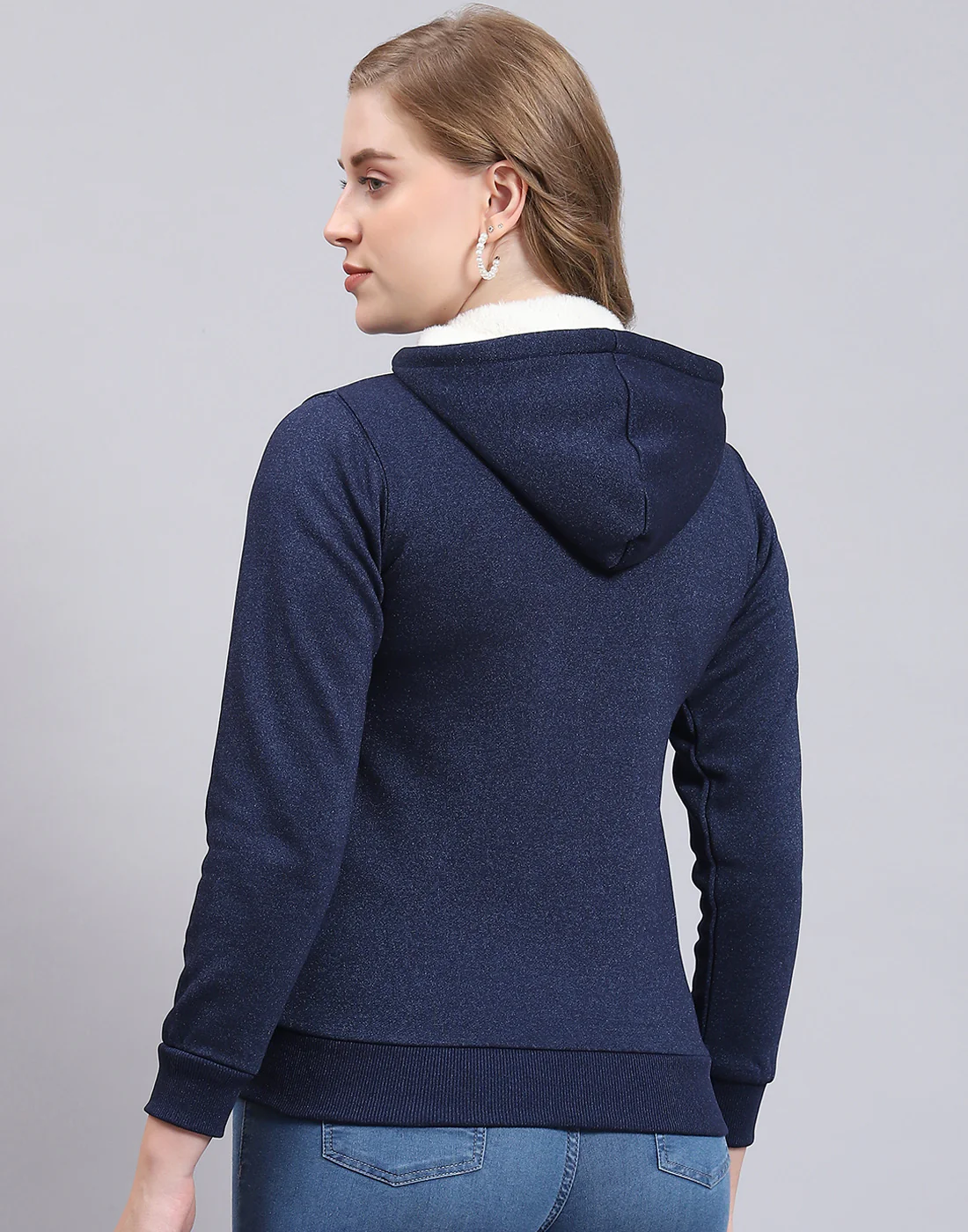 Women Navy Blue Solid Hooded Full Sleeve Sweatshirt - Image 7