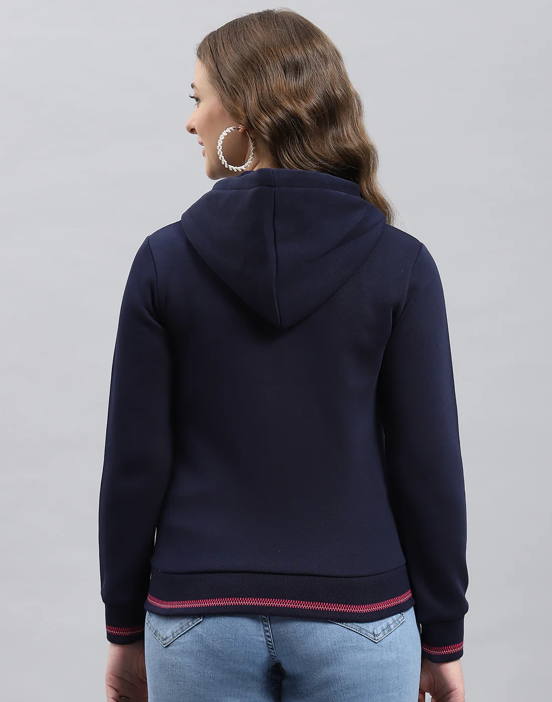 Women Navy Blue Solid Hooded Full Sleeve Sweatshirt - Image 5
