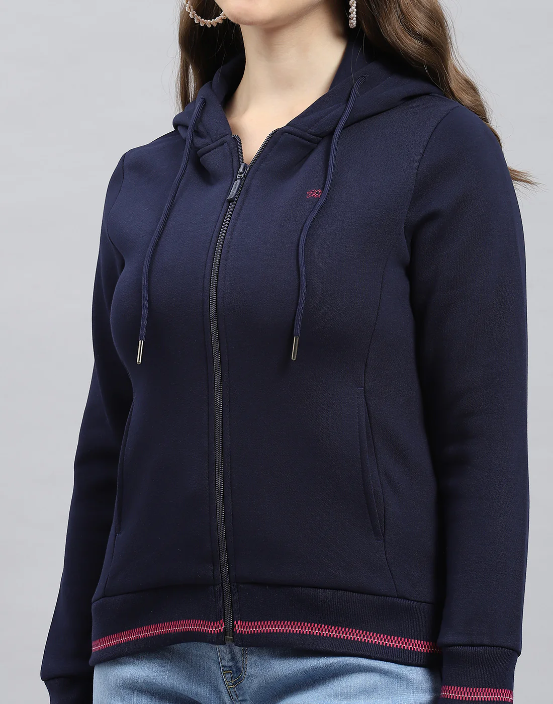 Women Navy Blue Solid Hooded Full Sleeve Sweatshirt - Image 6