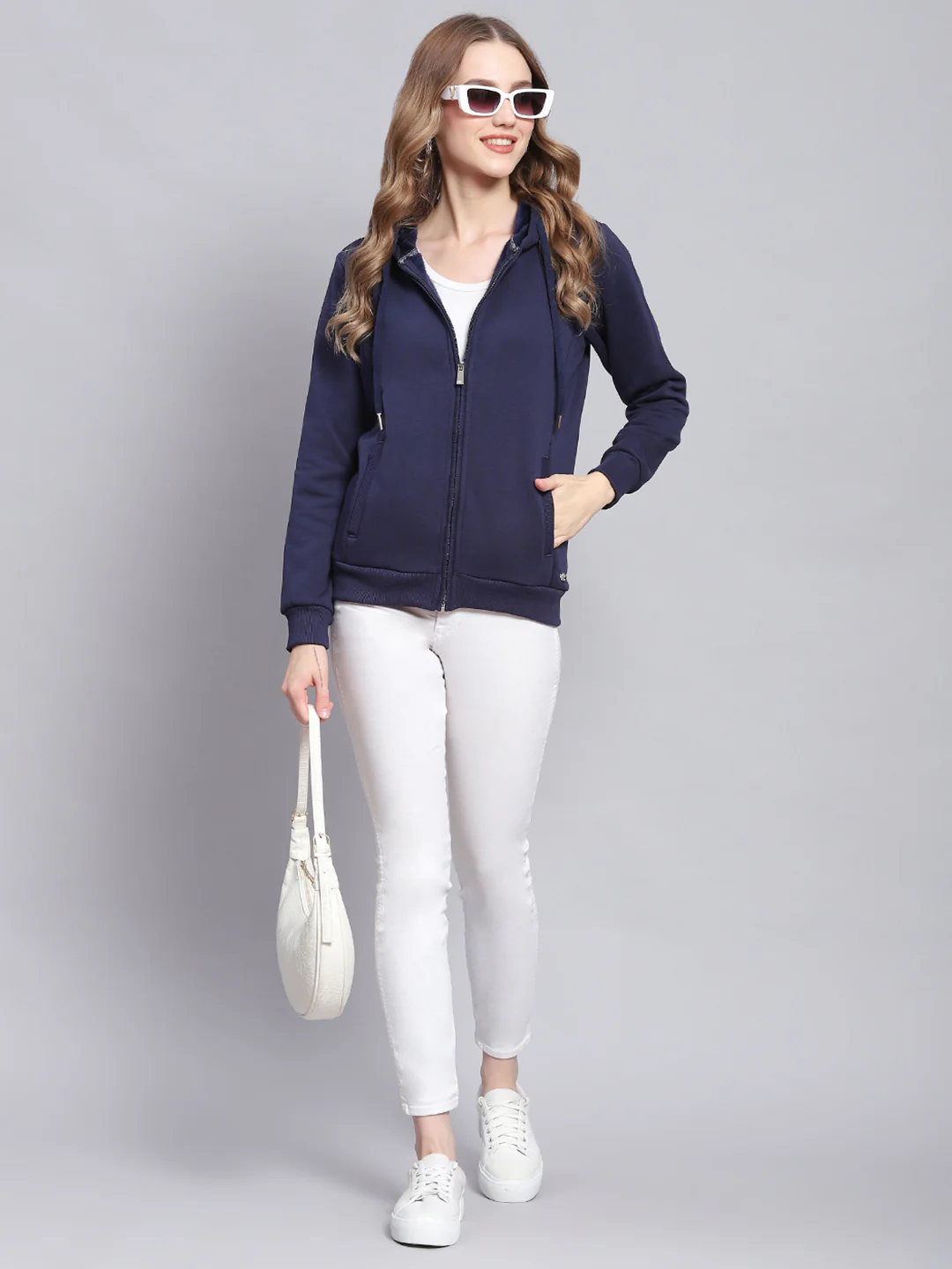 Women Navy Blue Solid Hooded Full Sleeve Sweatshirts - Image 2