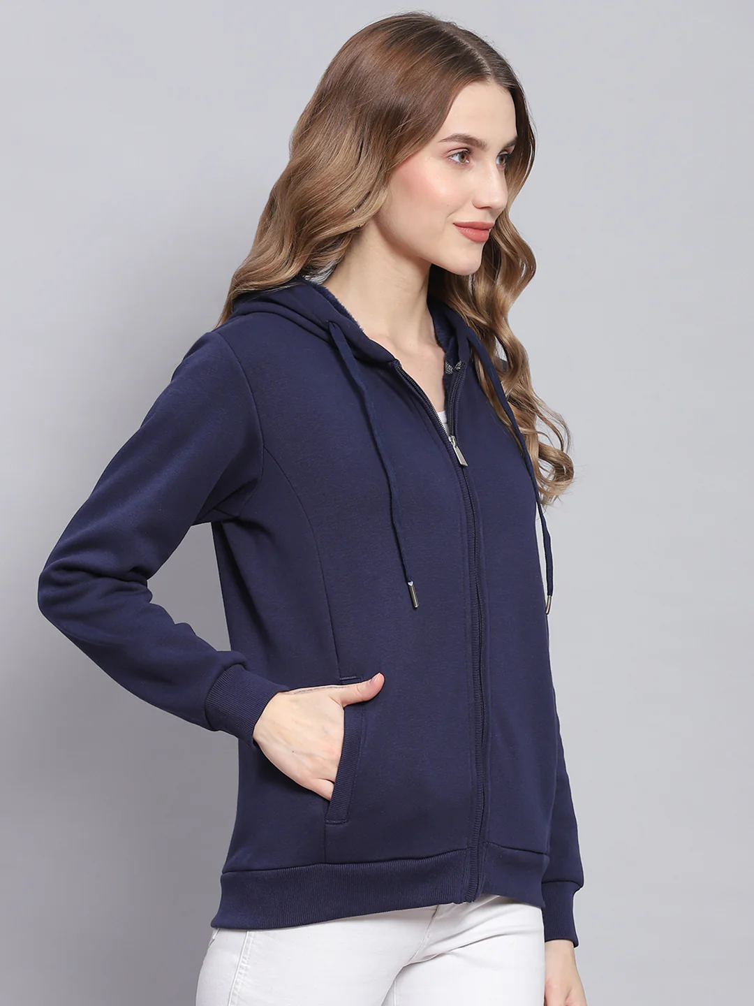 Women Navy Blue Solid Hooded Full Sleeve Sweatshirts - Image 4