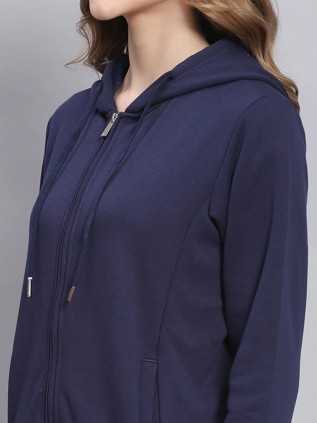Women Navy Blue Solid Hooded Full Sleeve Sweatshirts - Image 6