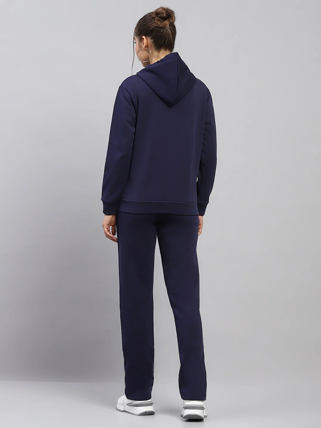 Women Navy Blue Solid Hooded Full Sleeve Tracksuit - Image 5