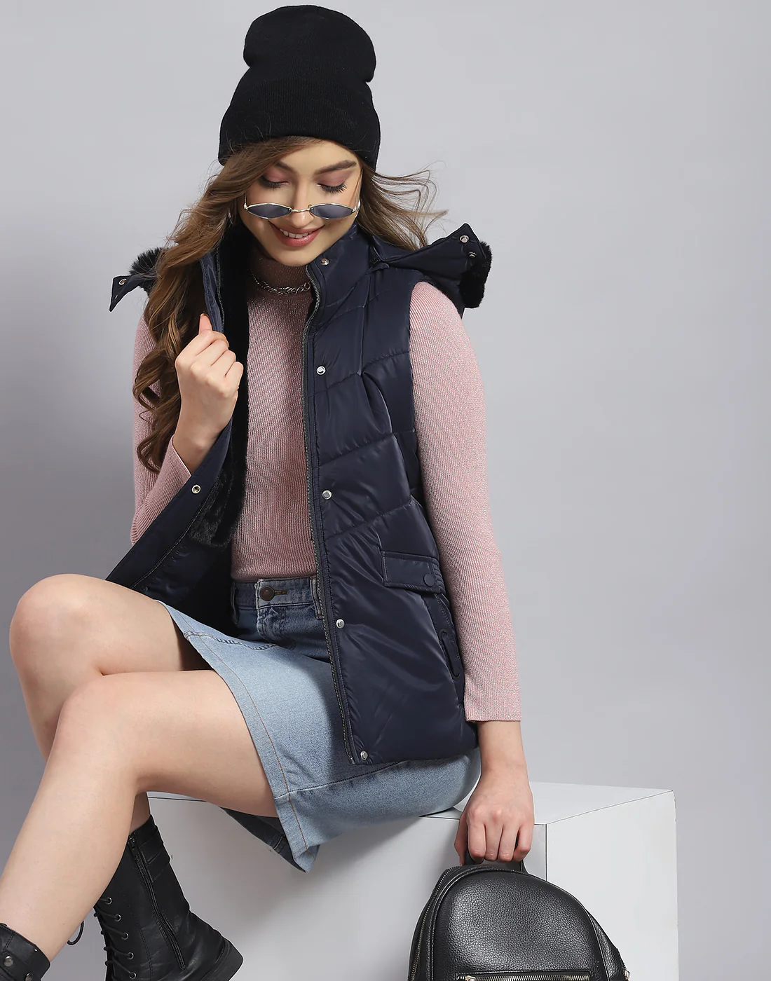 Women Navy Blue Solid Hooded Sleeveless Jacket - Image 2