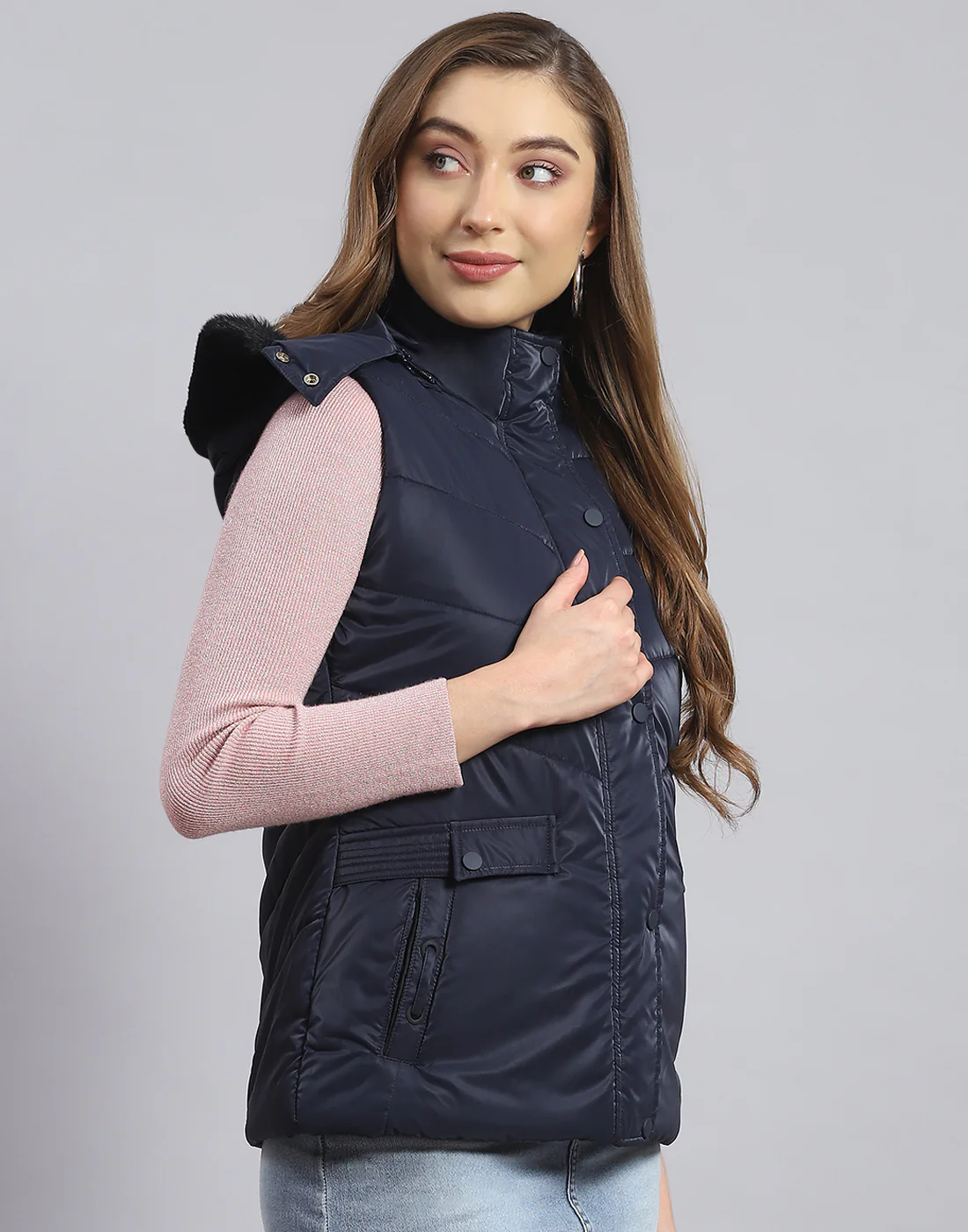 Women Navy Blue Solid Hooded Sleeveless Jacket - Image 5