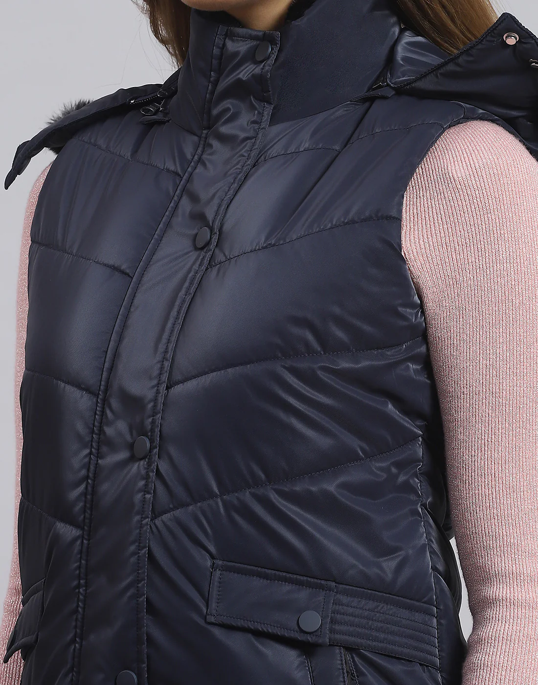 Women Navy Blue Solid Hooded Sleeveless Jacket - Image 7