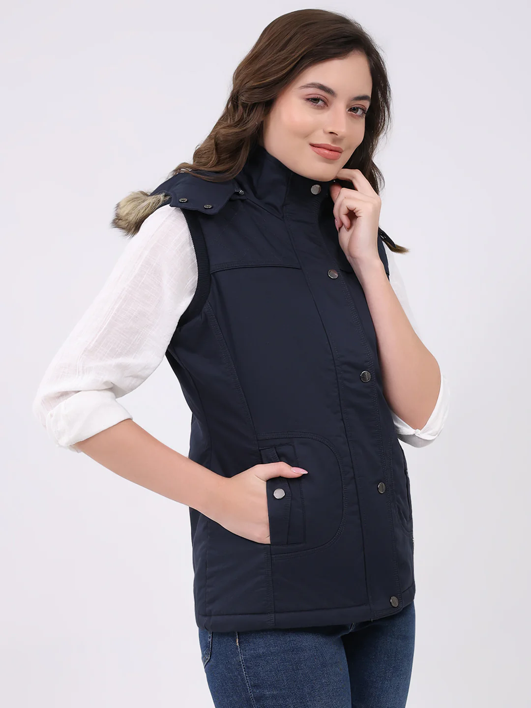 Women Navy Blue Solid Hooded Sleeveless Jacket - Image 4