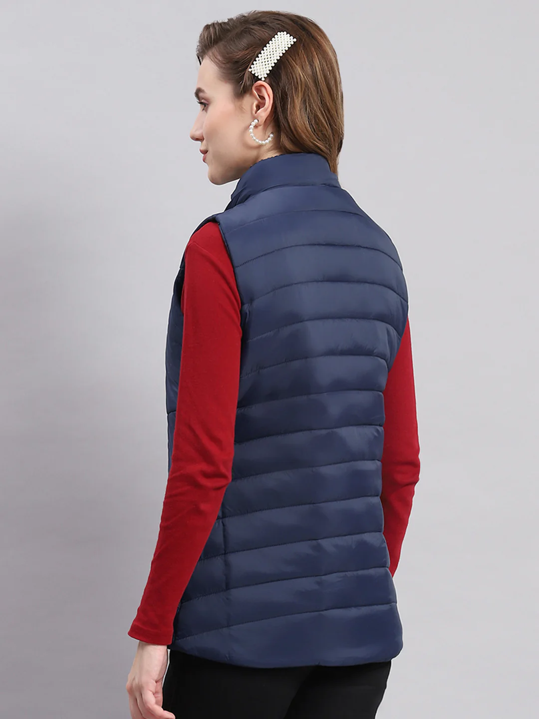 Women Navy Blue Solid Hooded Sleeveless Jackets - Image 5
