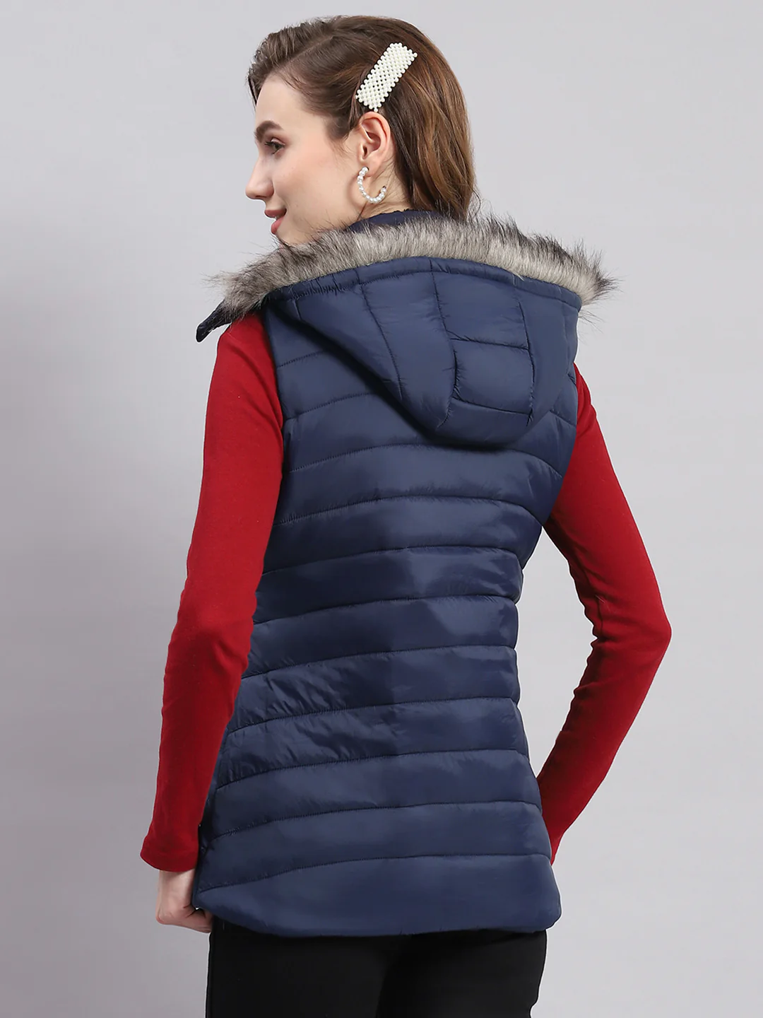 Women Navy Blue Solid Hooded Sleeveless Jackets - Image 6