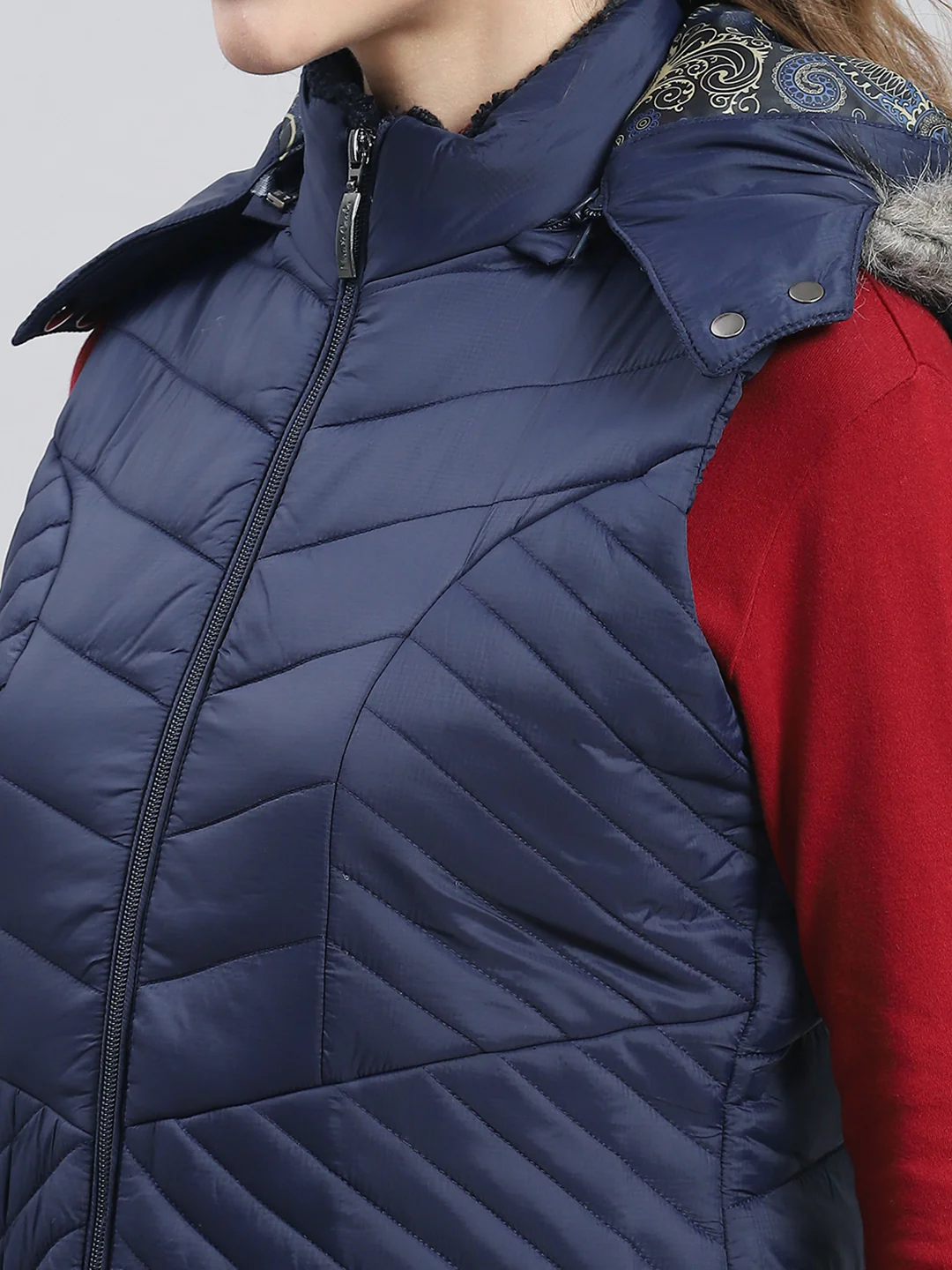 Women Navy Blue Solid Hooded Sleeveless Jackets - Image 7