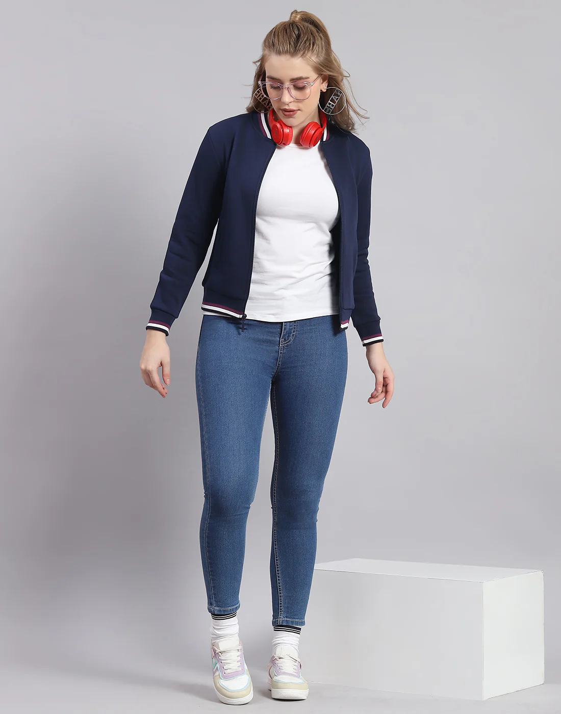 Women Navy Blue Solid Mandarin Collar Full Sleeve Sweatshirt - Image 2