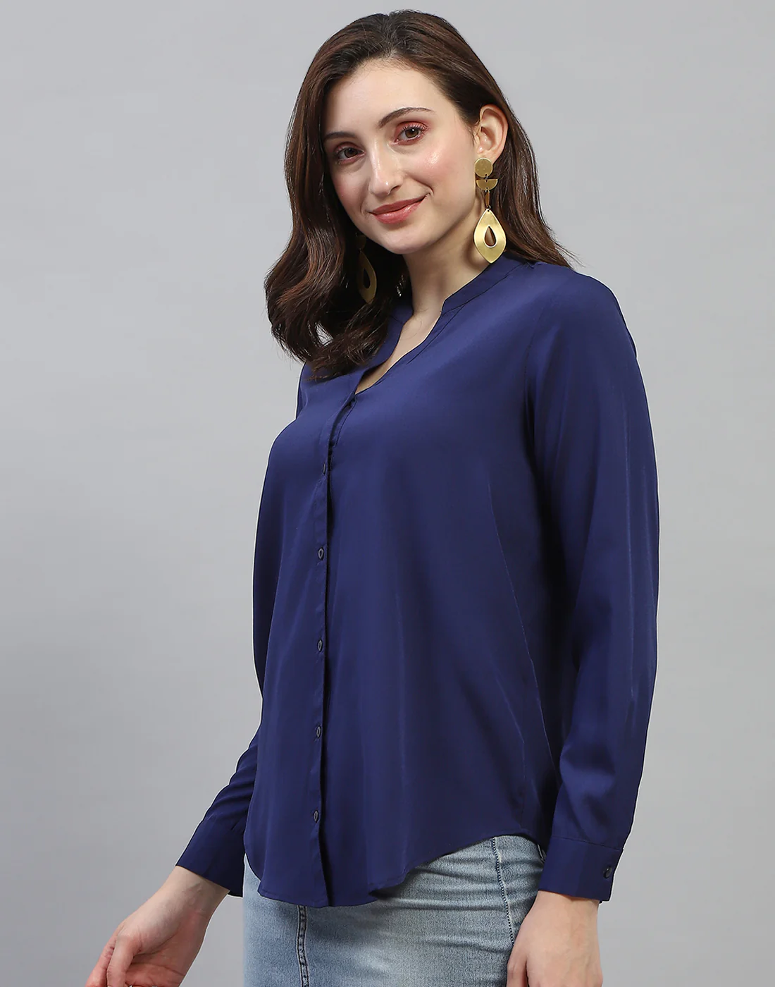 Women Navy Blue Solid Mandarin Collar Full Sleeve Top - Image 3