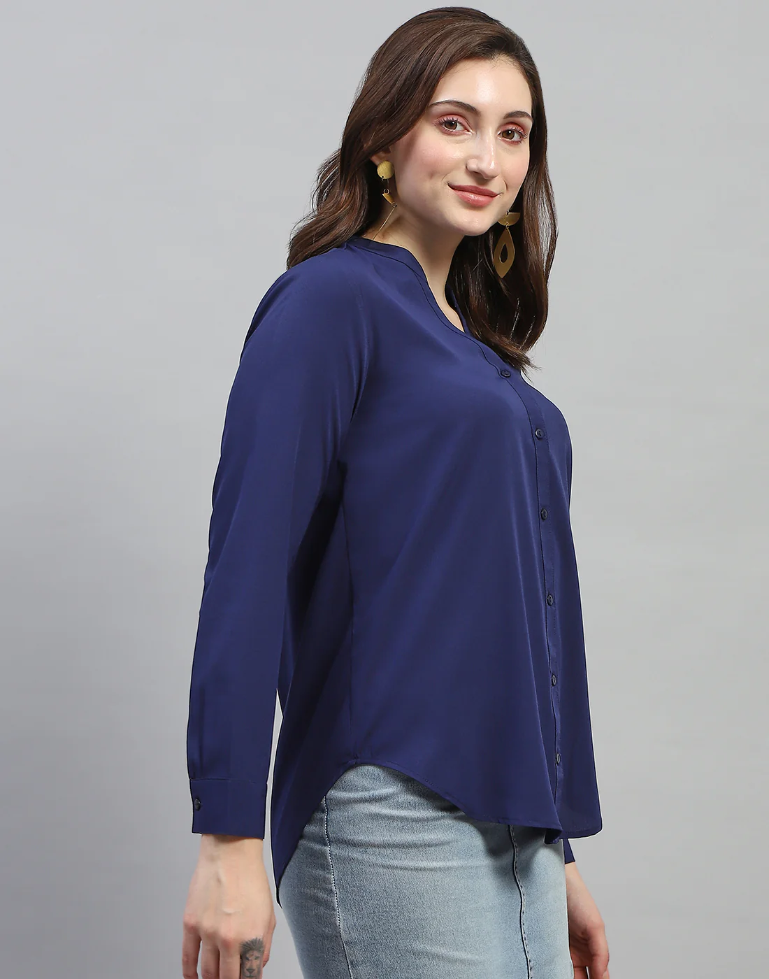 Women Navy Blue Solid Mandarin Collar Full Sleeve Top - Image 4