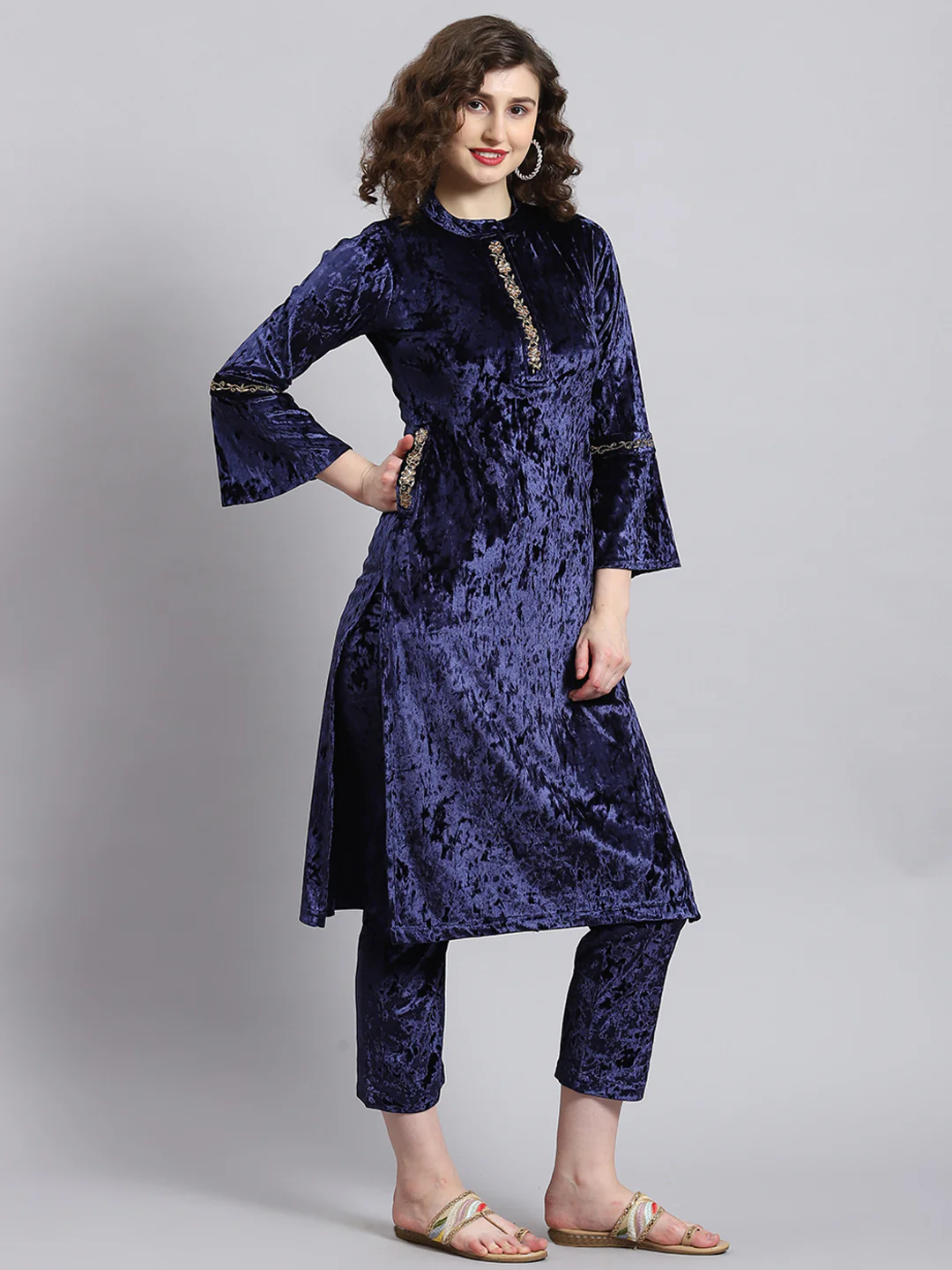 Women Navy Blue Solid Mock Collar Full Sleeve Kurtis Set - Image 2