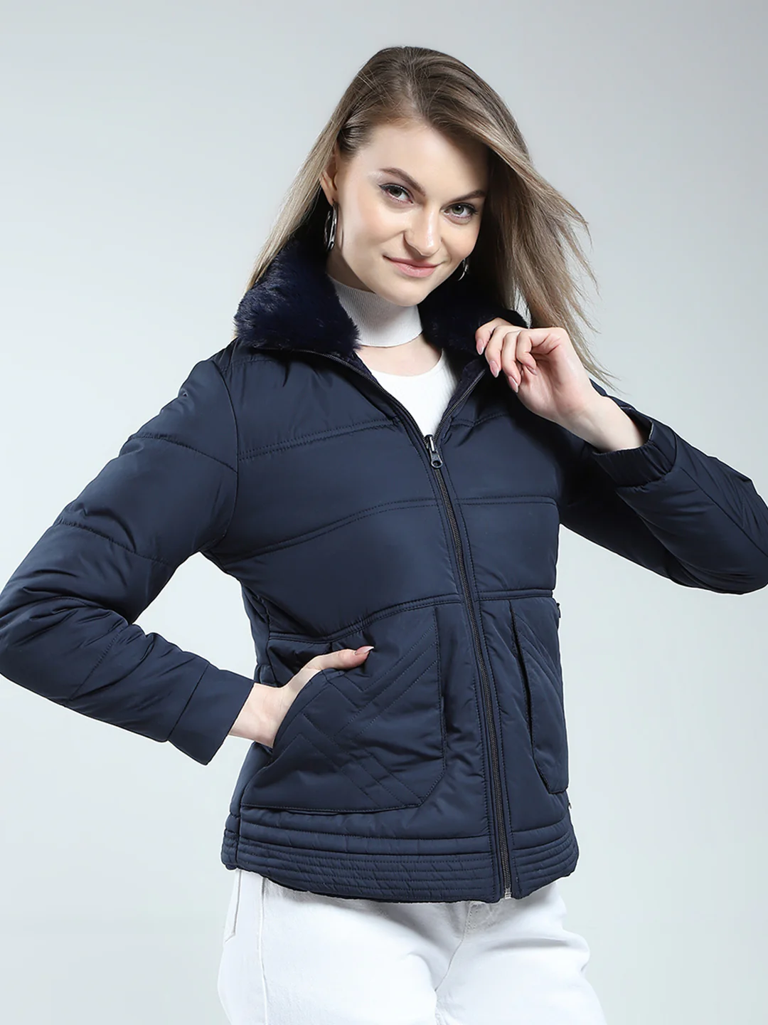 Women Navy Blue Solid Mock Neck Full Sleeve Reversible Jacket - Image 4