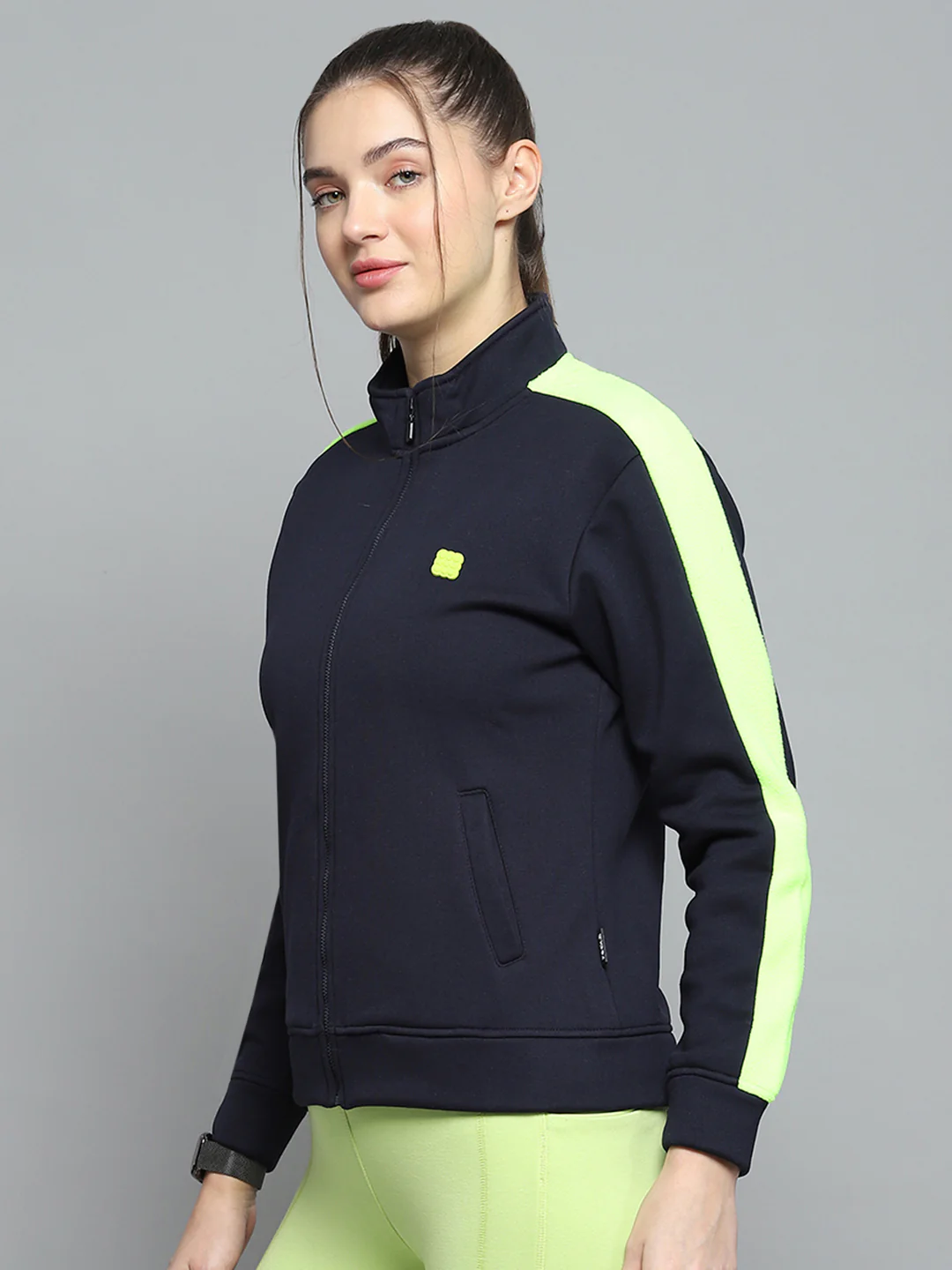 Rock.it Women Navy Blue Solid Mock Neck Full Sleeve Sweatshirt - Image 3