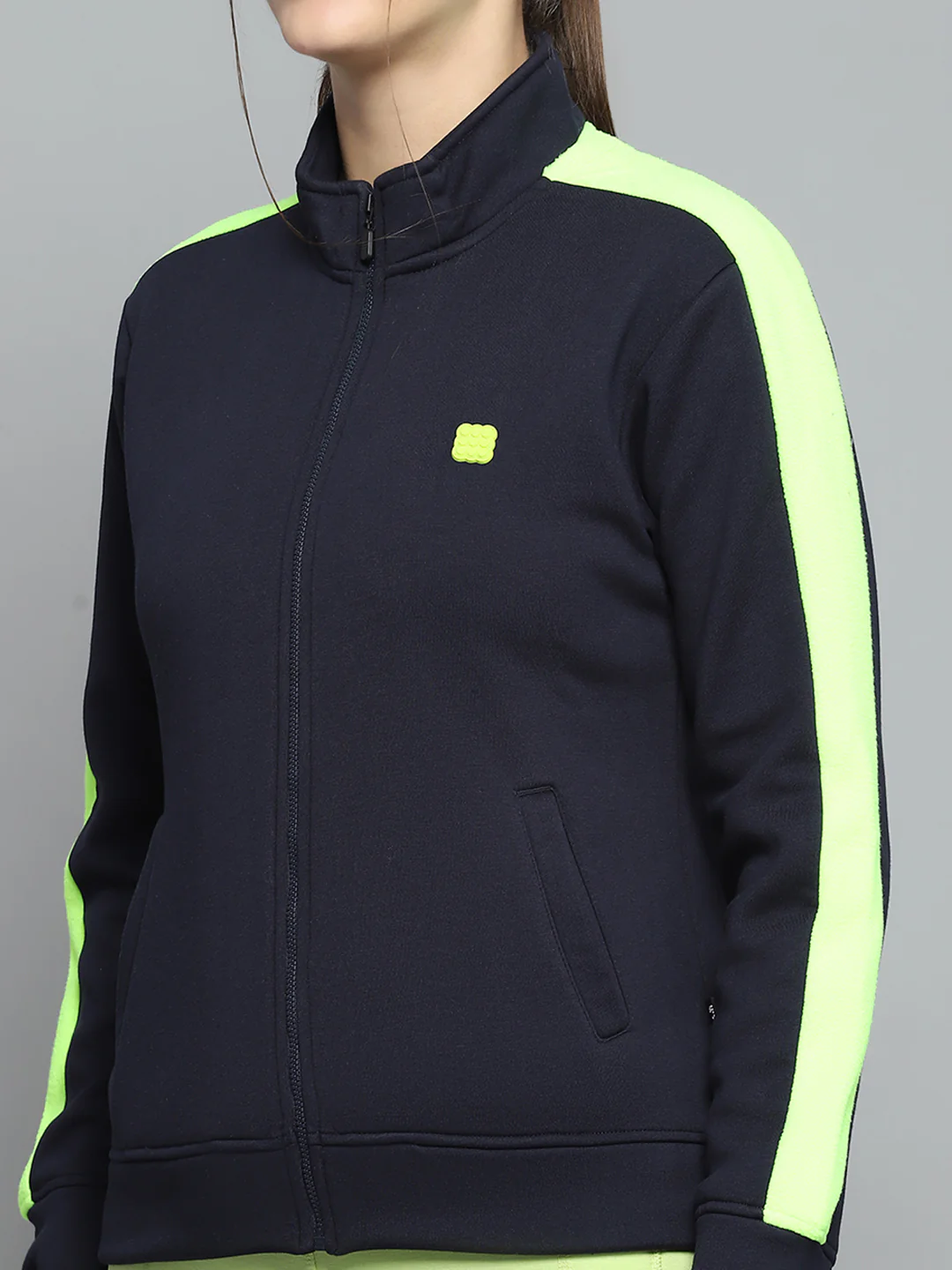 Rock.it Women Navy Blue Solid Mock Neck Full Sleeve Sweatshirt - Image 6