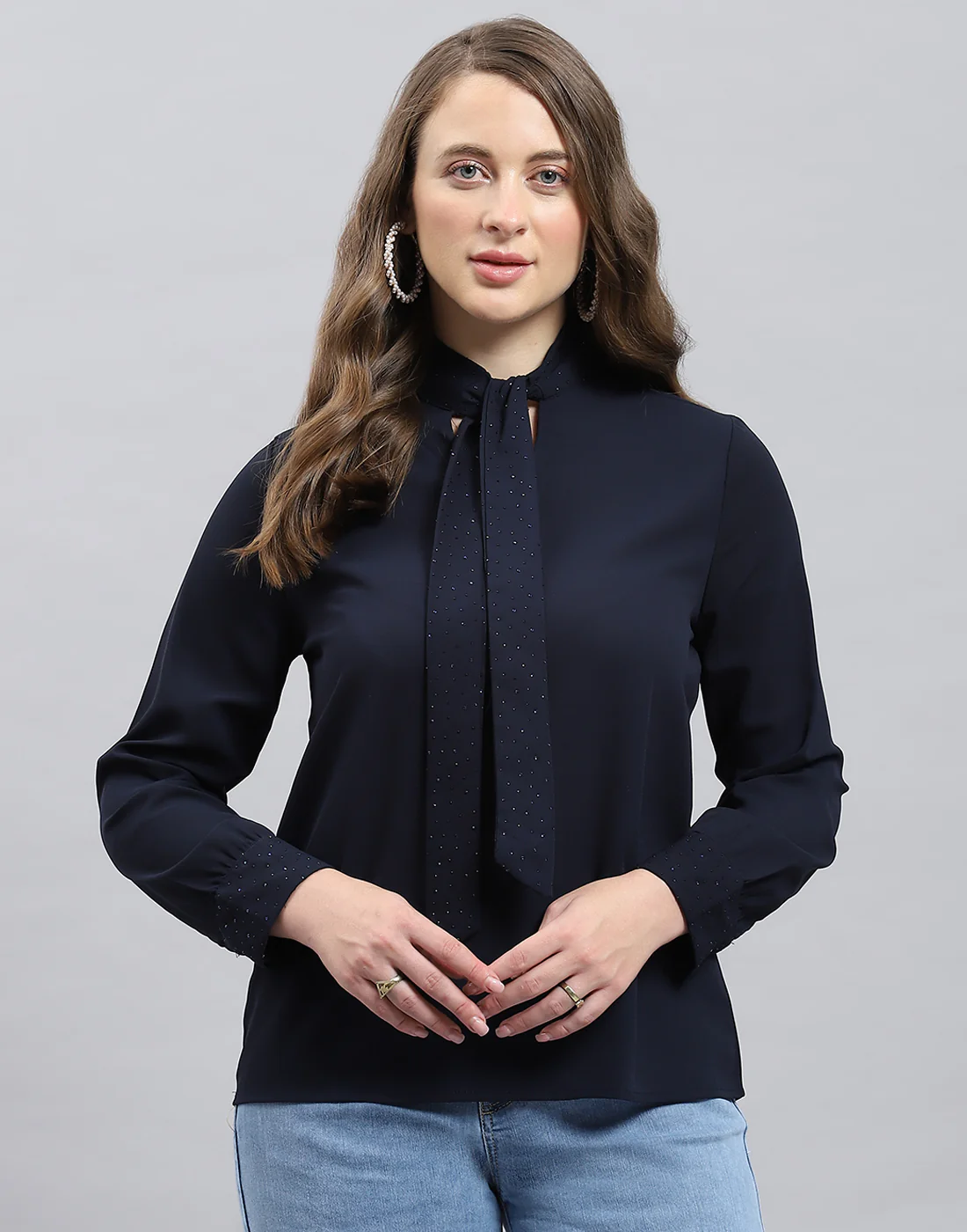 Women Navy Blue Solid Mock Neck Full Sleeve Winter Top - Image 2