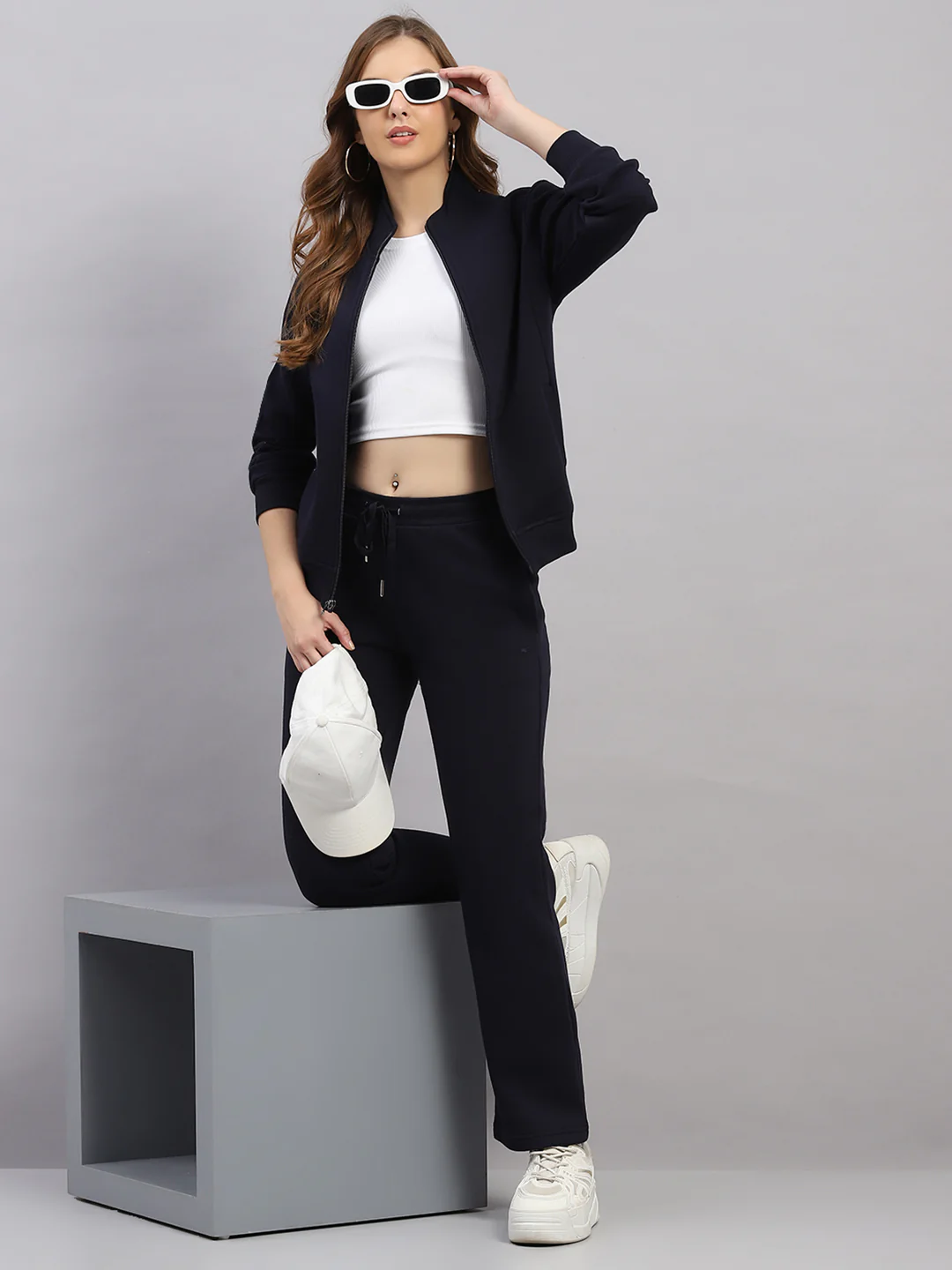 Women Navy Blue Solid Mock Neck Full Sleeve Winter Tracksuit - Image 2