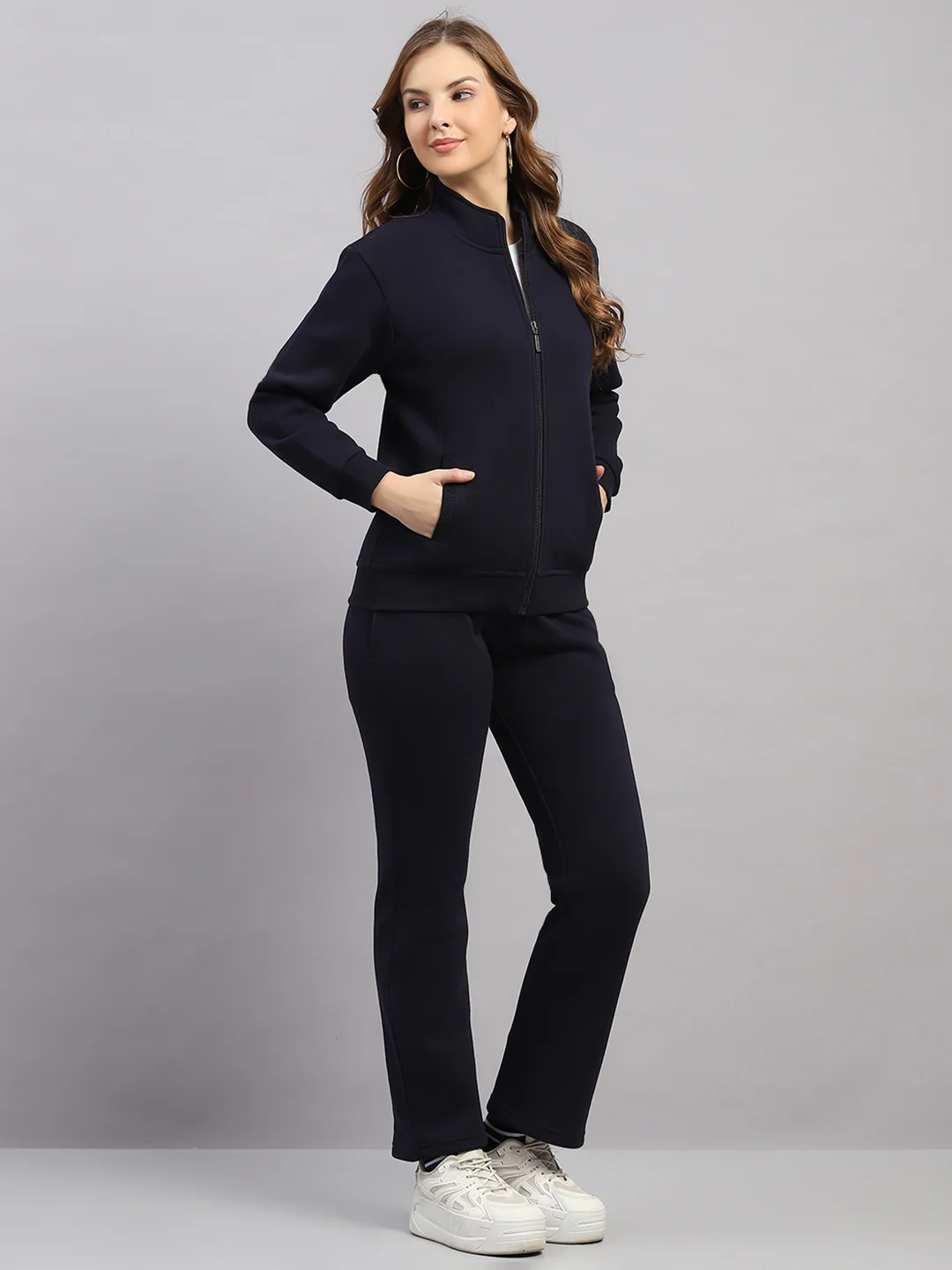 Women Navy Blue Solid Mock Neck Full Sleeve Winter Tracksuit - Image 4