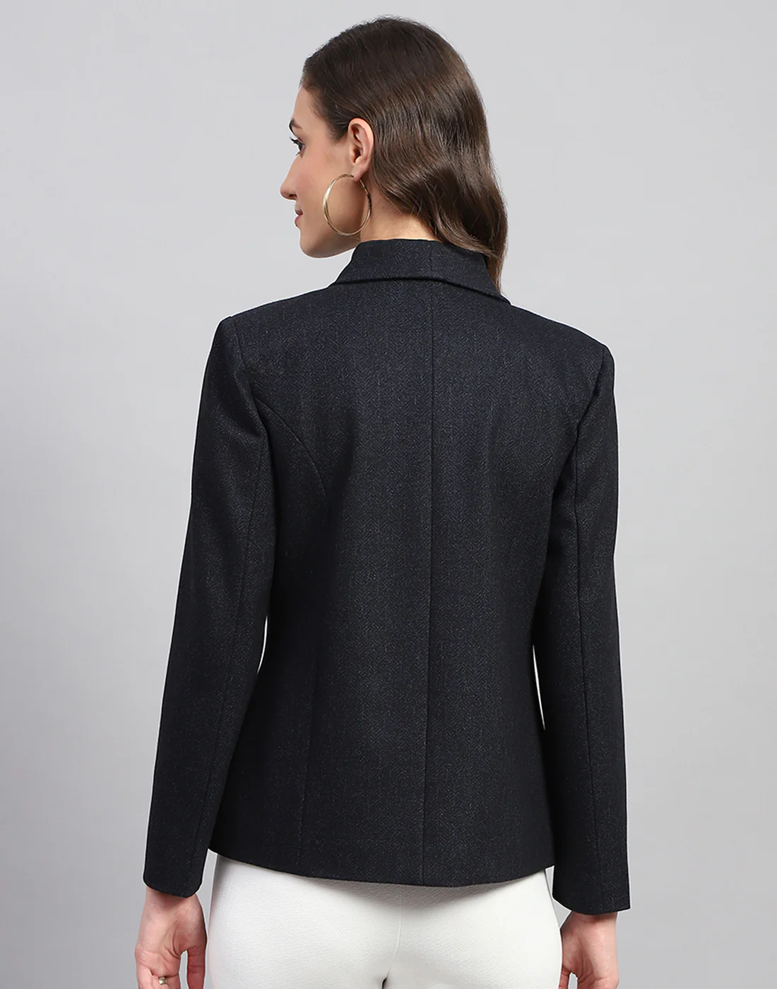 Women Navy Blue Solid Notch Lapel Collar Full Sleeve Coat - Image 6