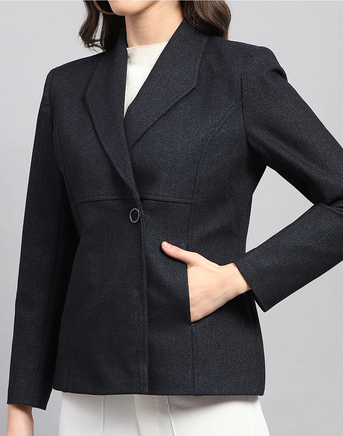 Women Navy Blue Solid Notch Lapel Collar Full Sleeve Coat - Image 7
