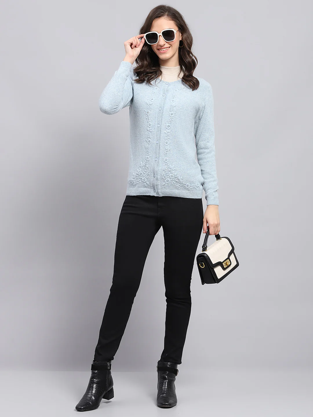 Women Sky Blue Solid Round Neck Full Sleeve Cardigan - Image 2