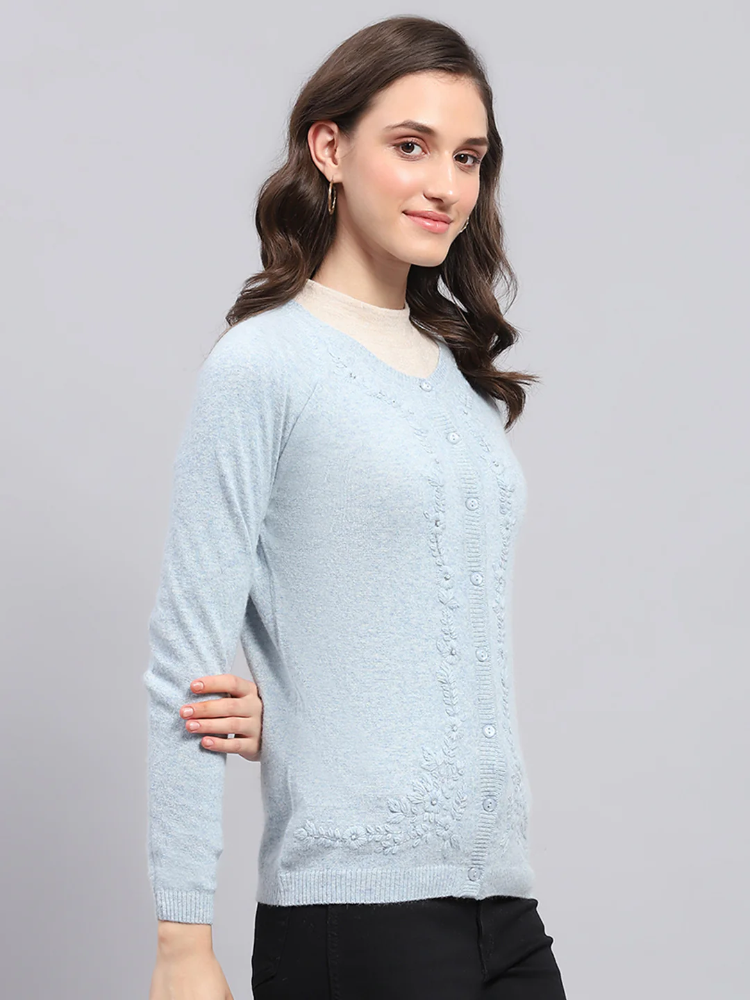Women Sky Blue Solid Round Neck Full Sleeve Cardigan - Image 4