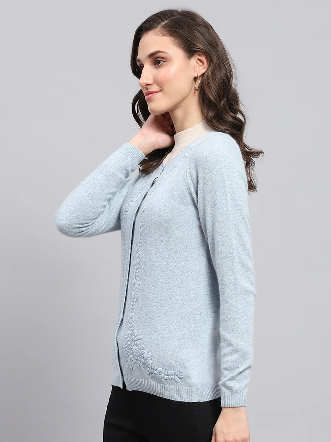 Women Sky Blue Solid Round Neck Full Sleeve Cardigan - Image 6