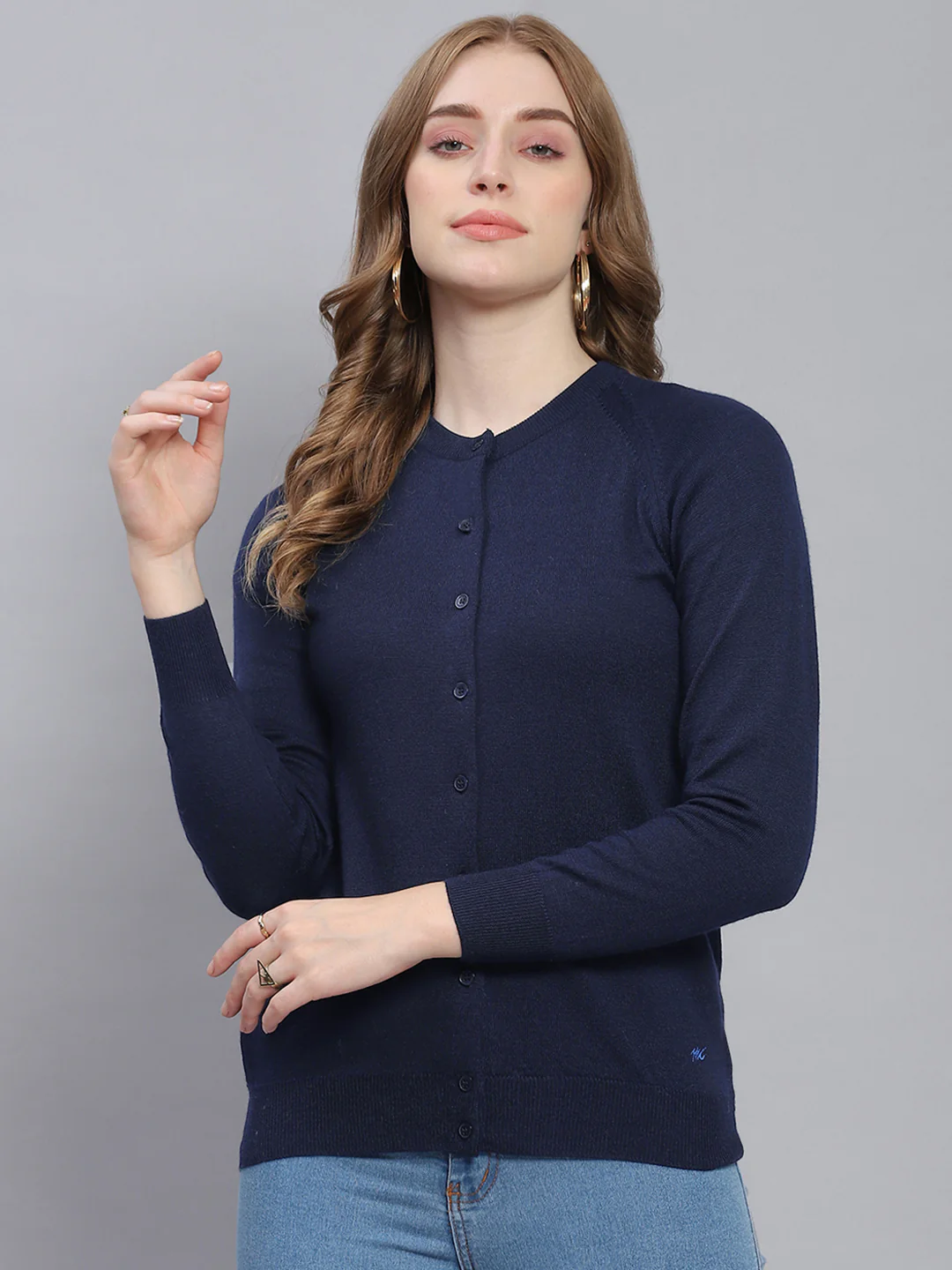 Women Navy Blue Solid Round Neck Full Sleeve Cardigans - Image 2