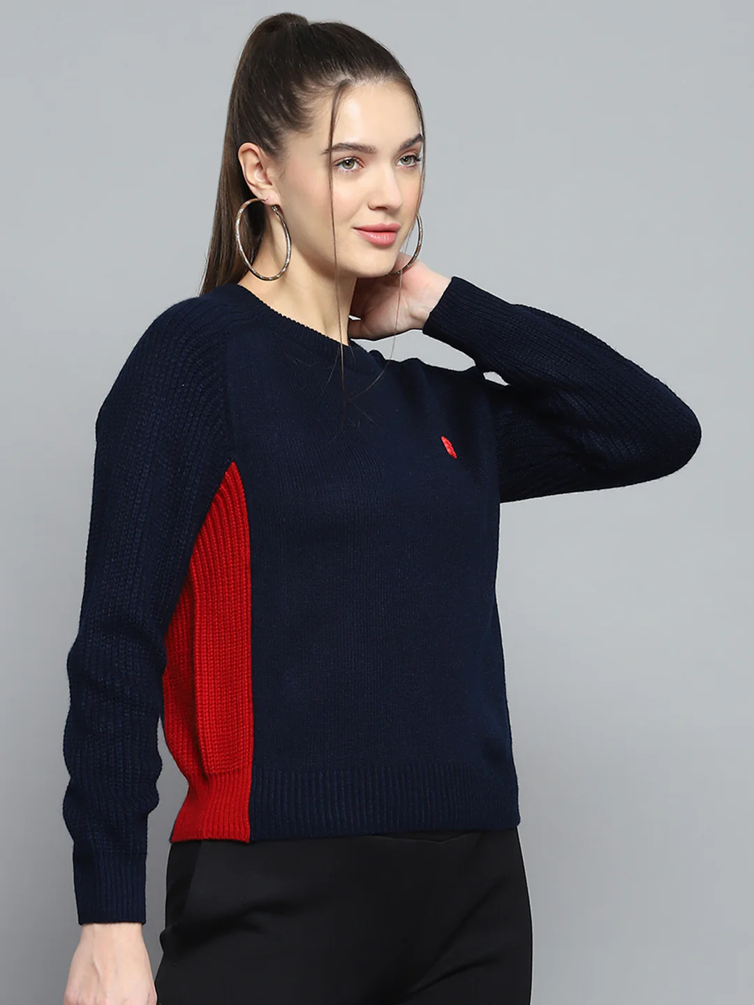 Rock.it Women Navy Blue Solid Round Neck Full Sleeve Pullover - Image 4