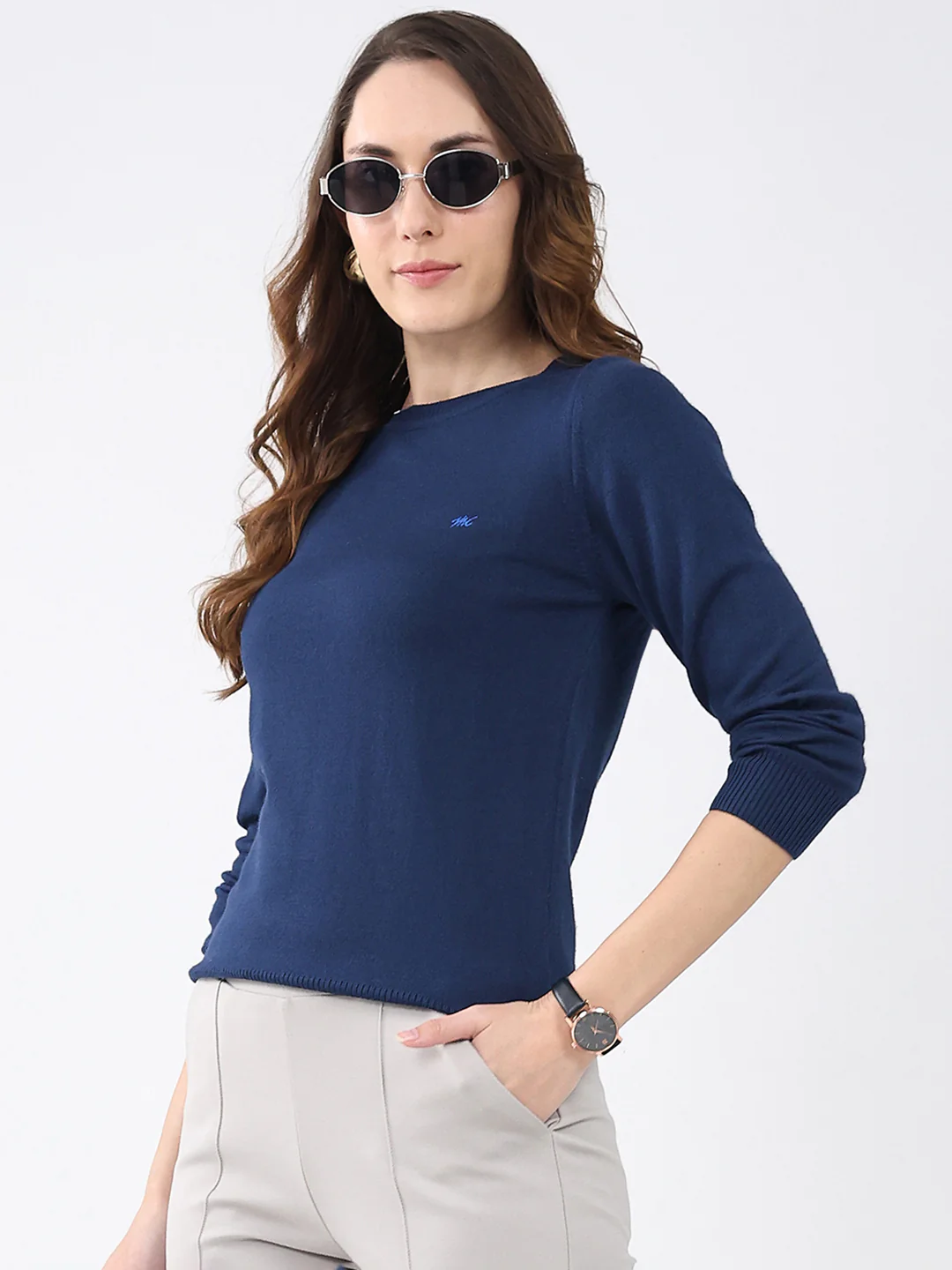 Women Navy Blue Solid Round Neck Full Sleeve Winter Top - Image 6