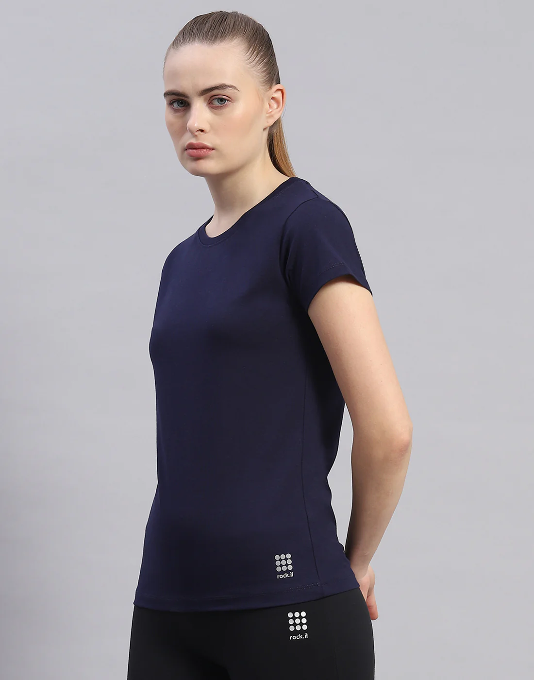 Rock.it Women Navy Blue Solid Round Neck Half Sleeve Top - Image 3