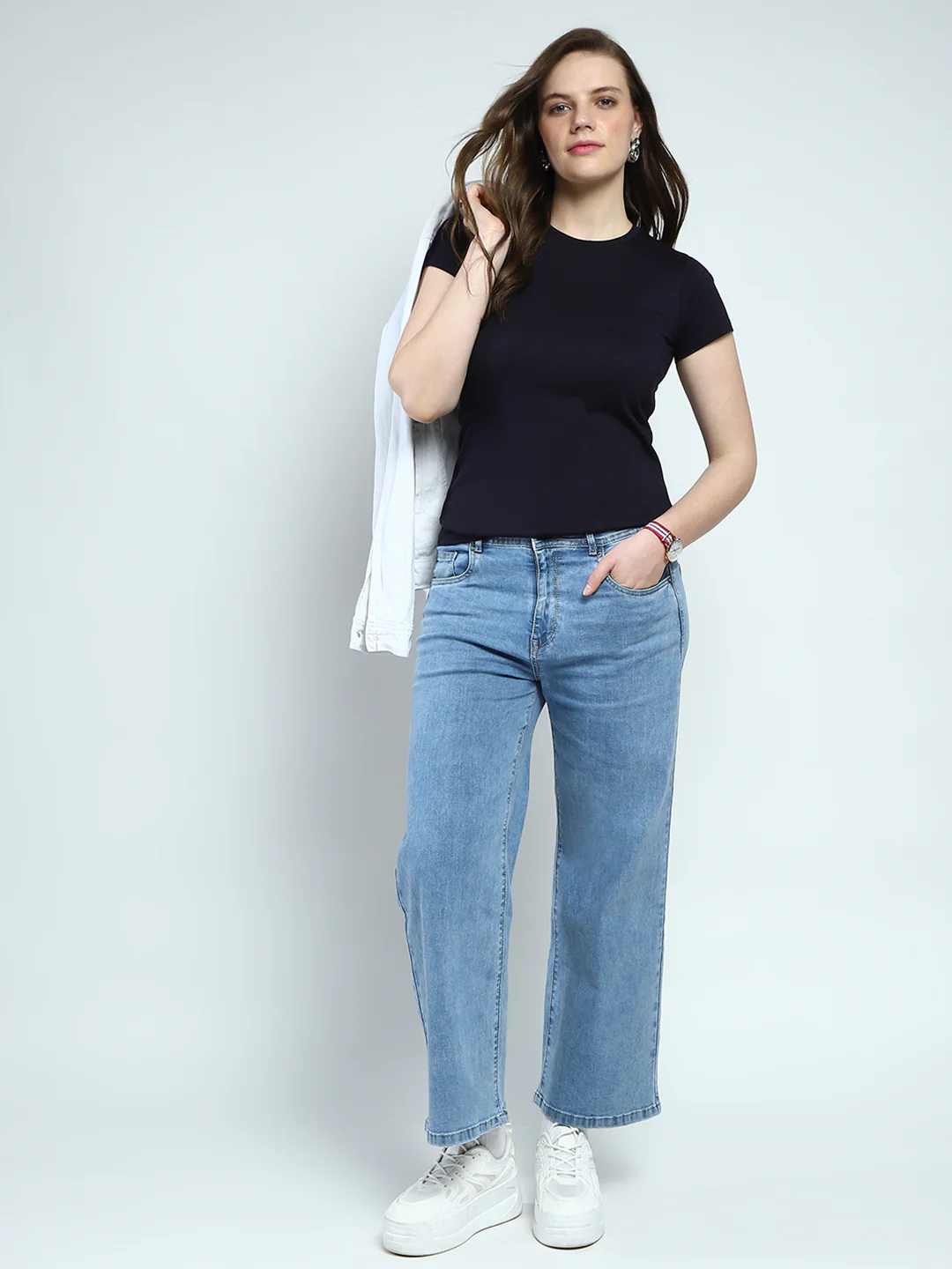 Women Navy Blue Solid Round Neck Half Sleeve Top - Image 2