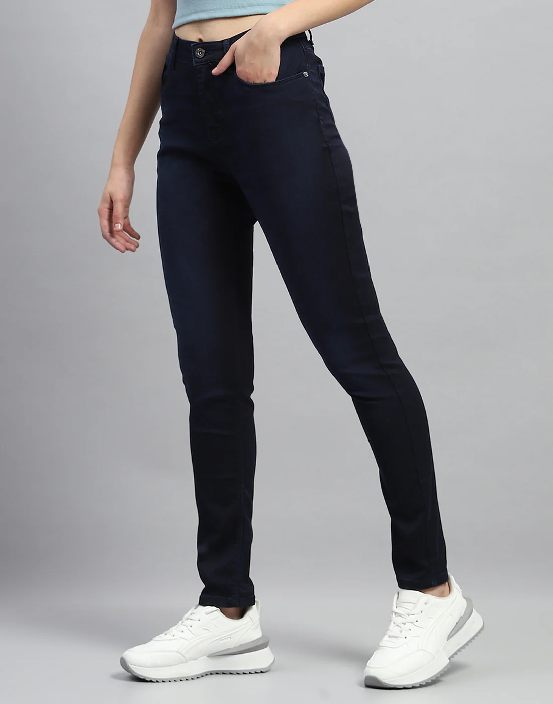 Women Navy Blue Solid Slim Fit Denim - Image 3