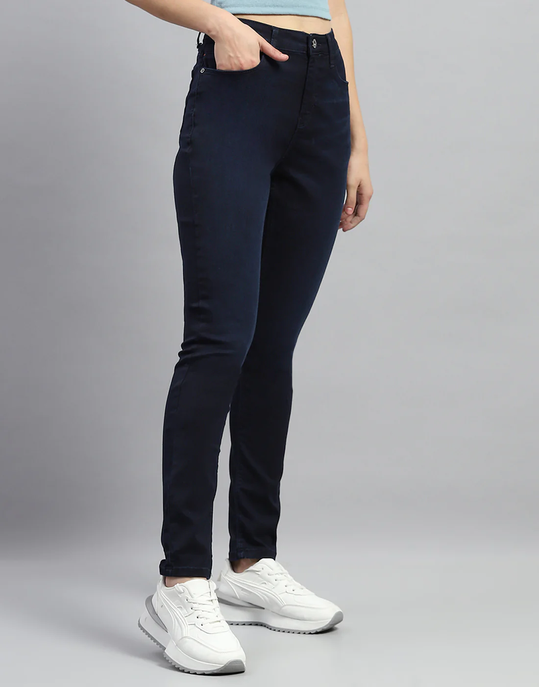 Women Navy Blue Solid Slim Fit Denim - Image 4
