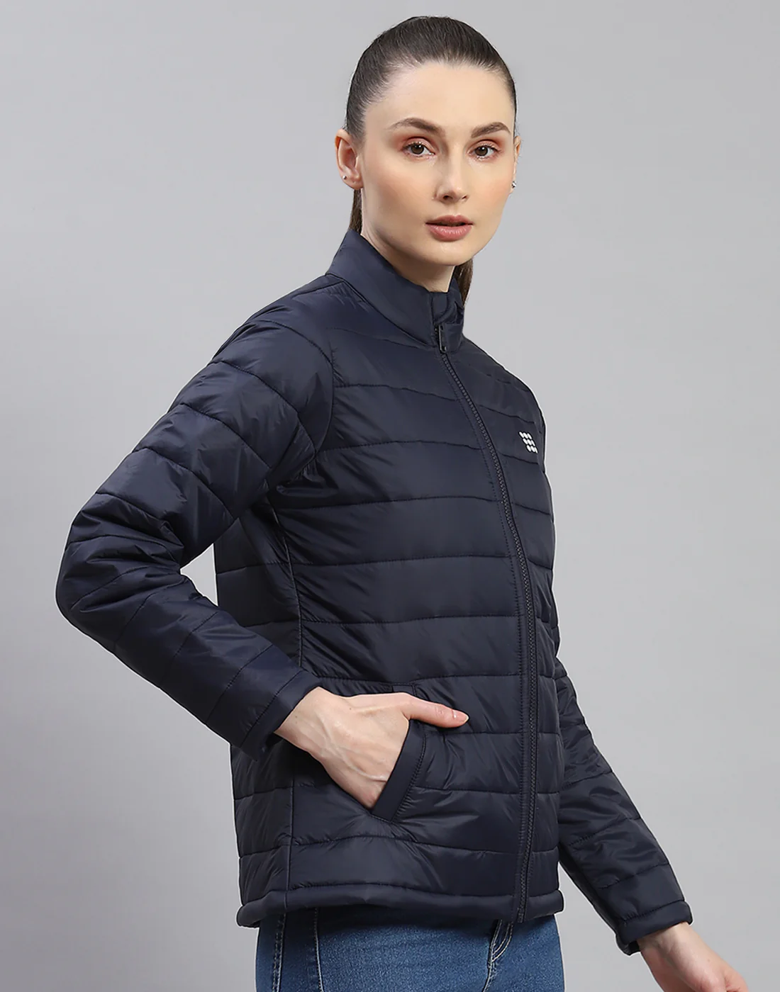 Rock.it Women Navy Blue Solid Stand Collar Full Sleeve Jacket - Image 4