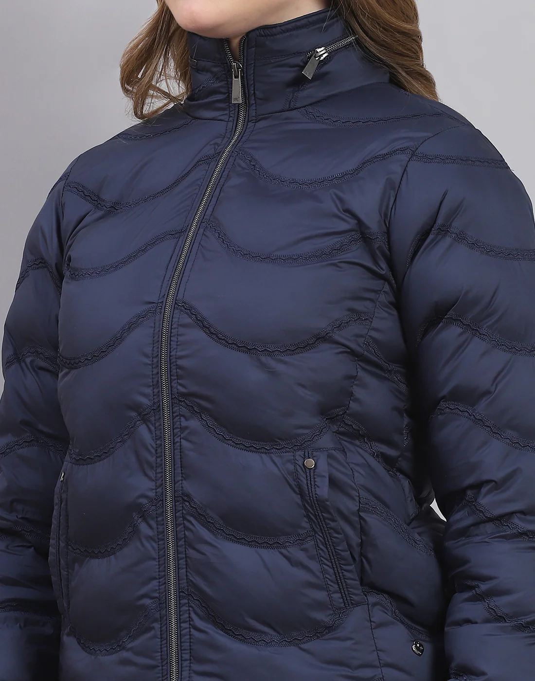 Women Navy Blue Solid Stand Collar Full Sleeve Jacket - Image 6