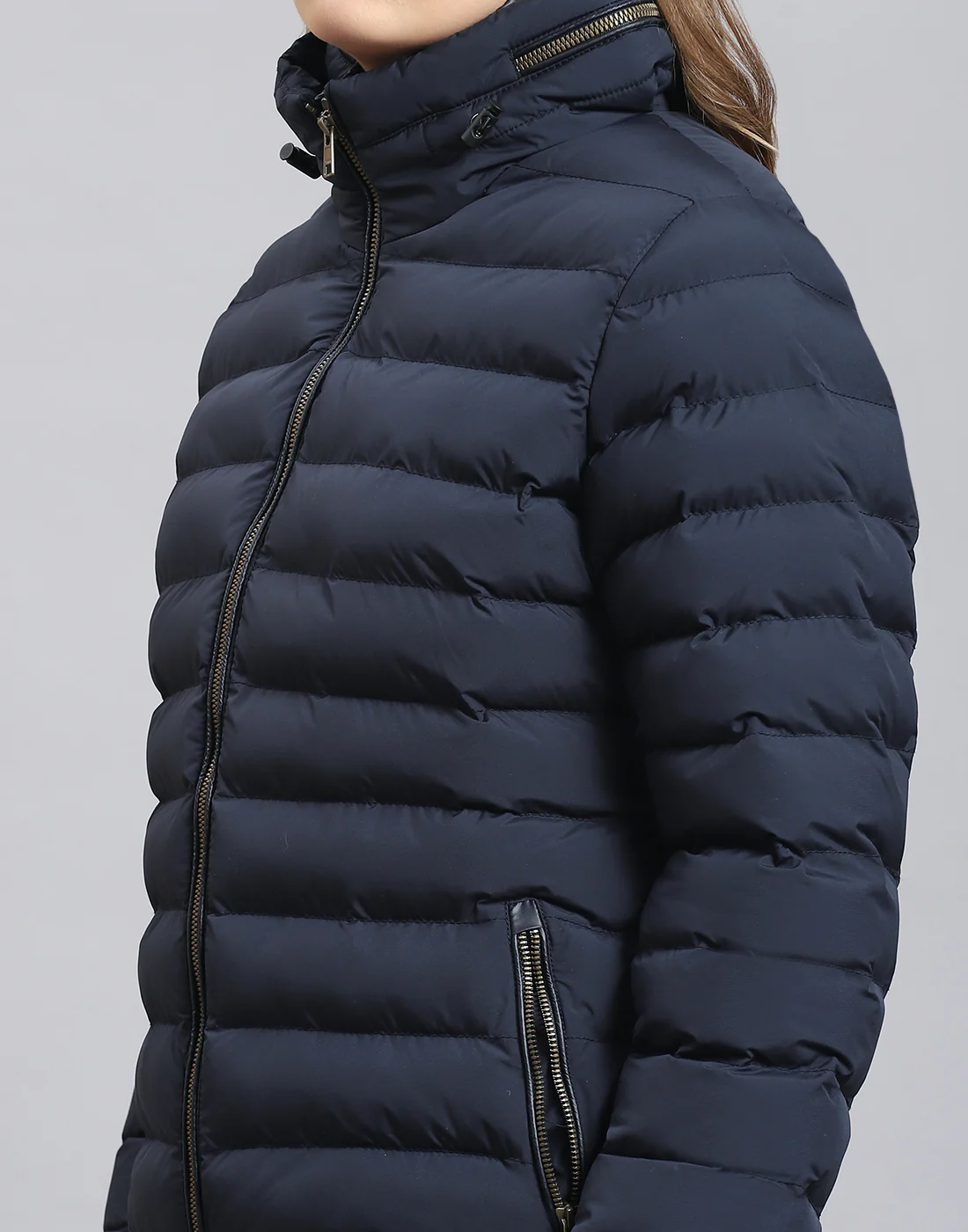 Women Navy Blue Solid Stand Collar Full Sleeve Jacket - Image 6