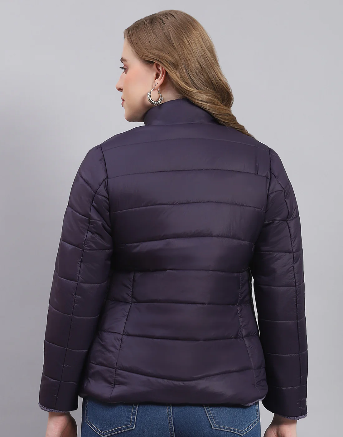 Women Navy Blue Solid Stand Collar Full Sleeve Jacket - Image 5