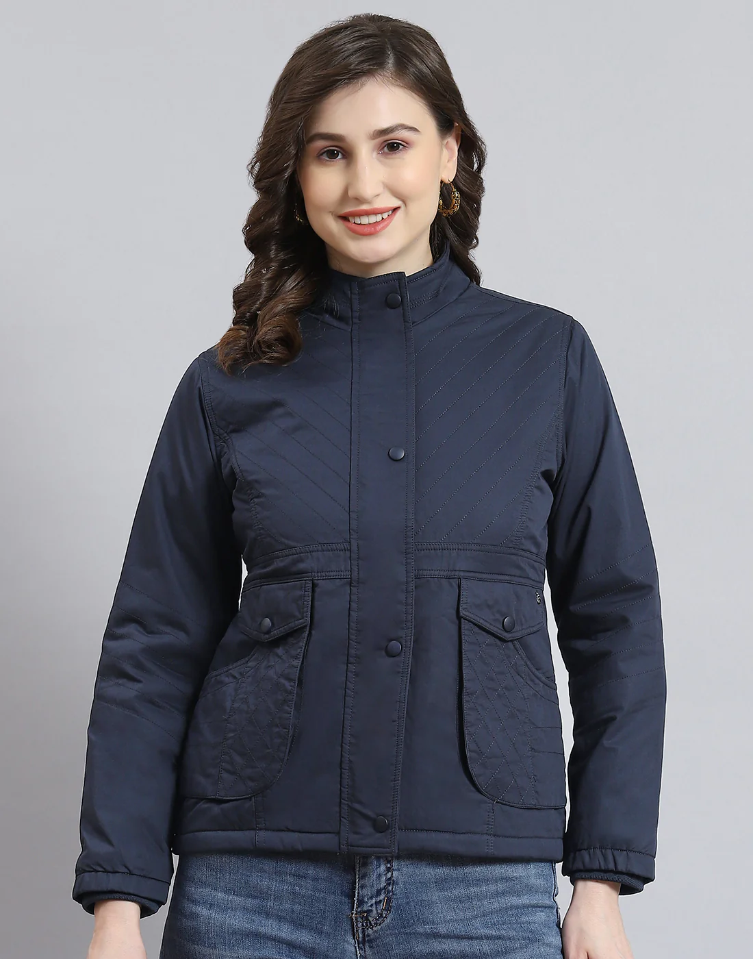 Women Navy Blue Solid Stand Collar Full Sleeve Jacket - Image 2