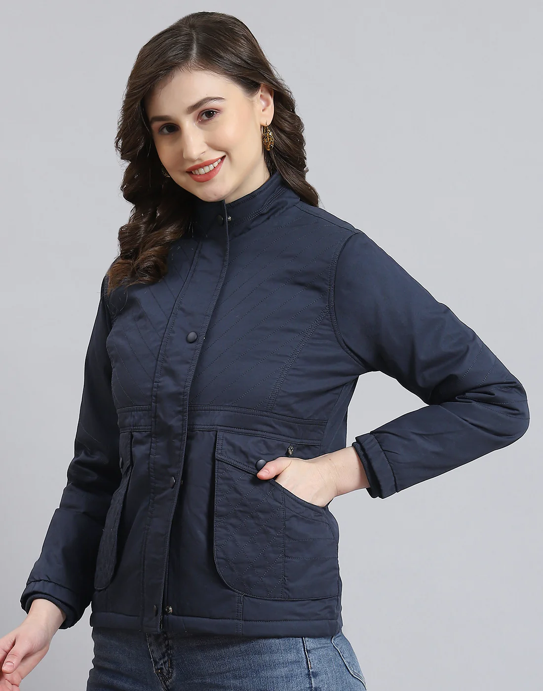 Women Navy Blue Solid Stand Collar Full Sleeve Jacket - Image 3