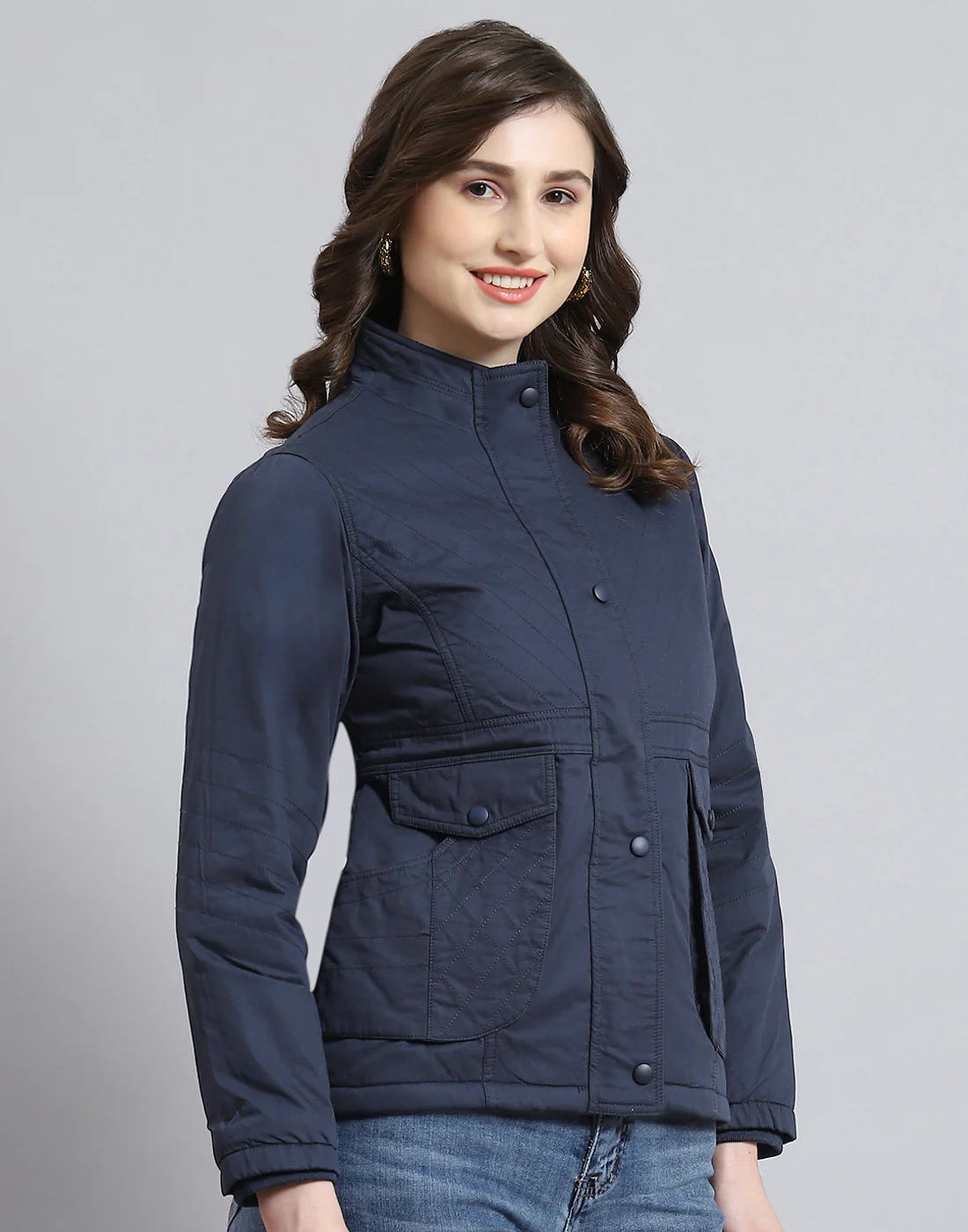 Women Navy Blue Solid Stand Collar Full Sleeve Jacket - Image 4